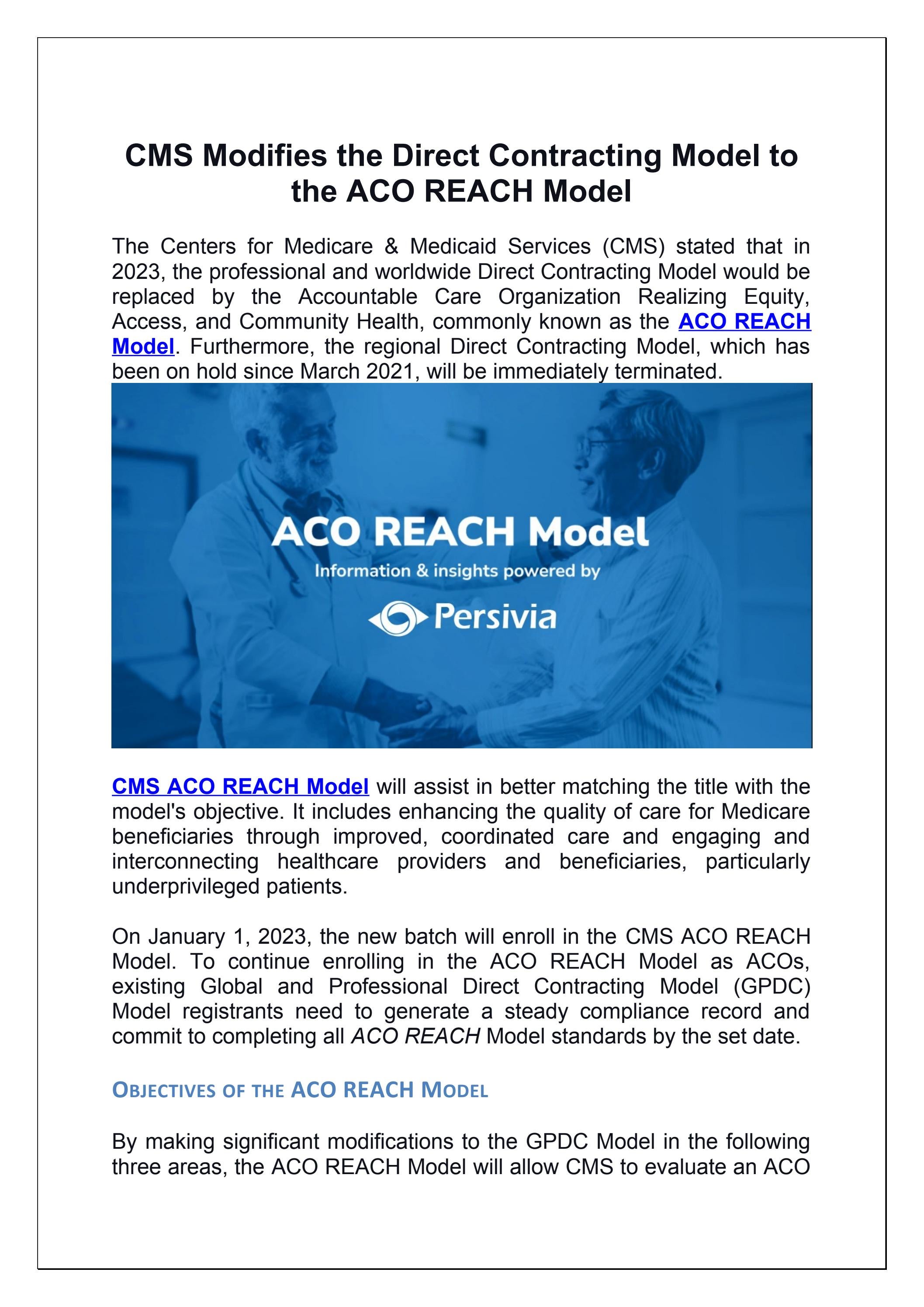 CMS Modifies the Direct Contracting Model to the ACO REACH Model by ...