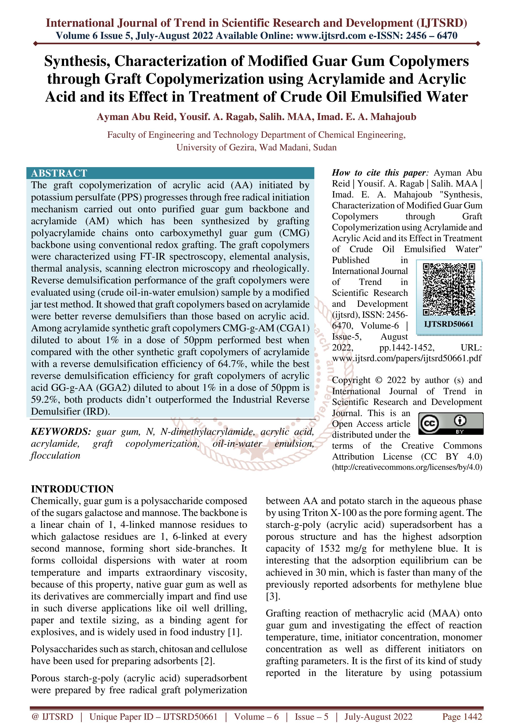 Synthesis, Characterization of Modified Guar Gum Copolymers through
