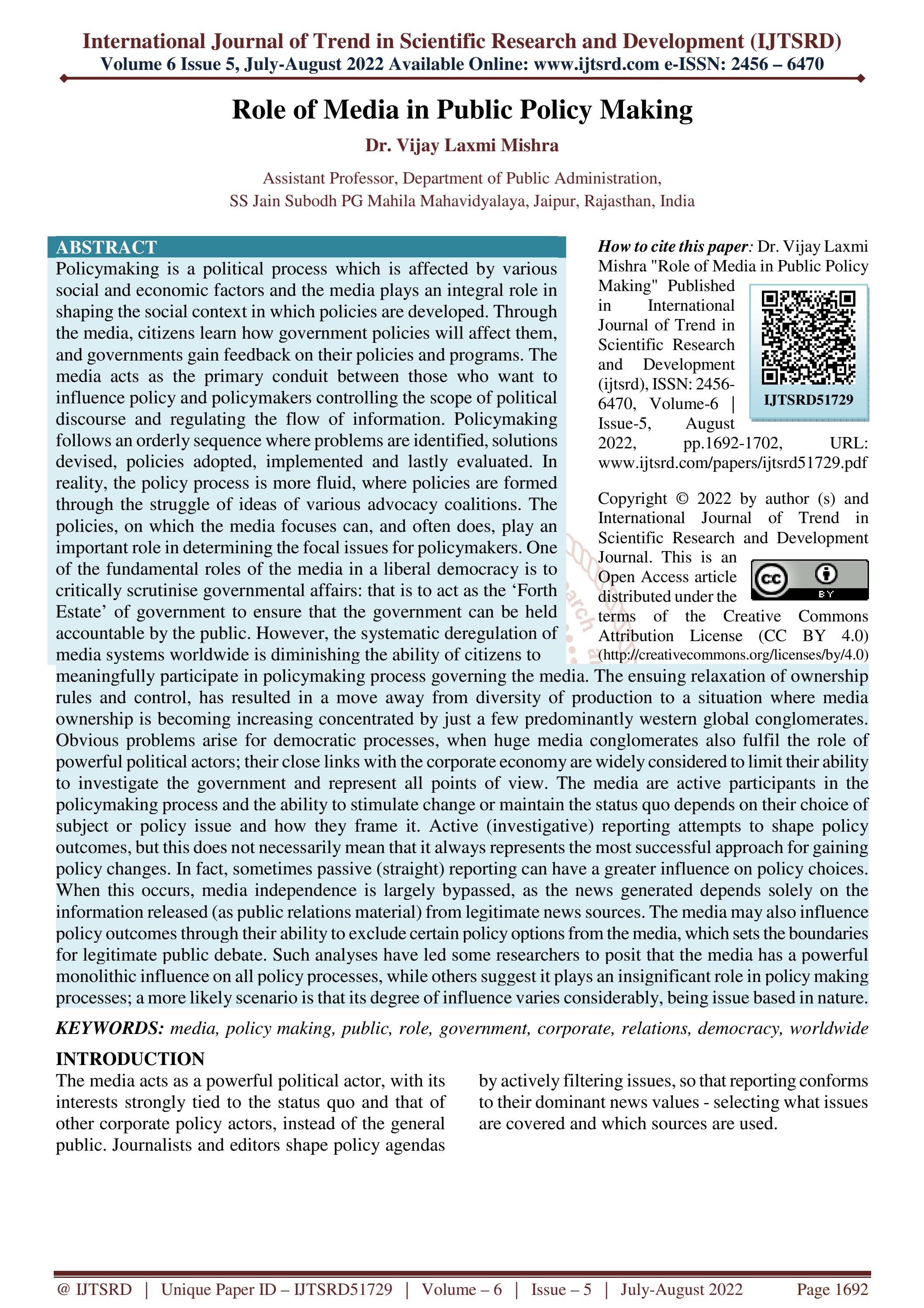 Role Of Media In Public Policy Making By International Journal Of Trend role-of-media-in-public-policy-making-by-international-journal-of-trend