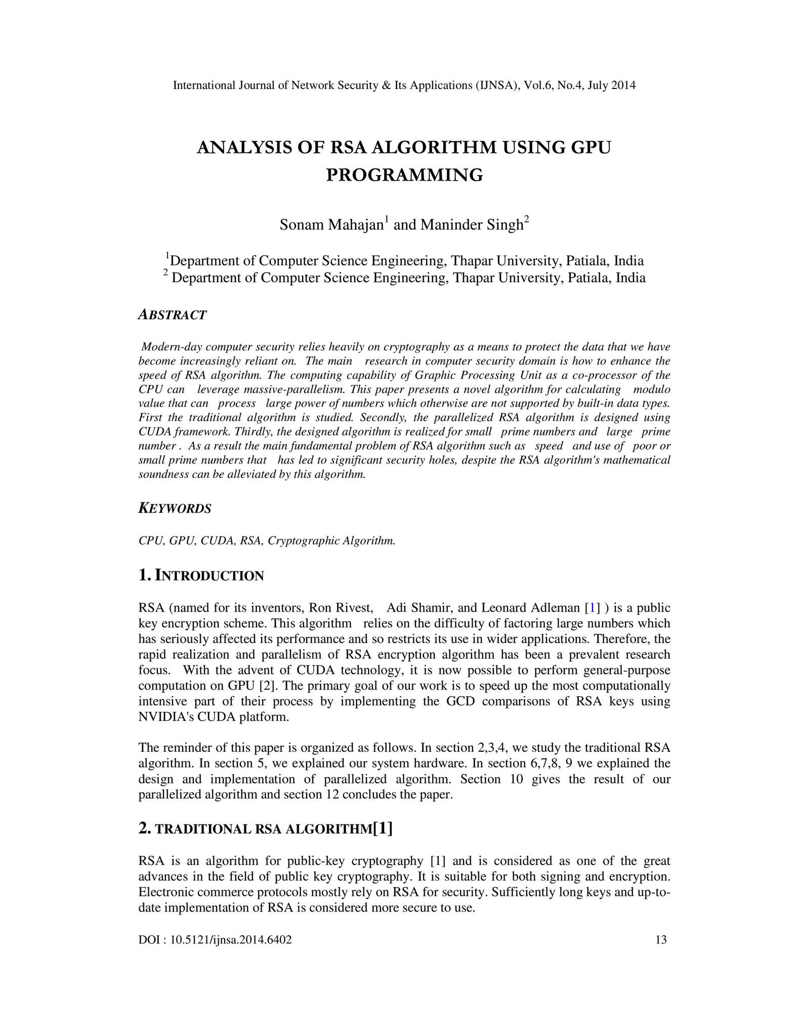 ANALYSIS OF RSA ALGORITHM USING GPU PROGRAMMING by IJNSA Journal - Issuu