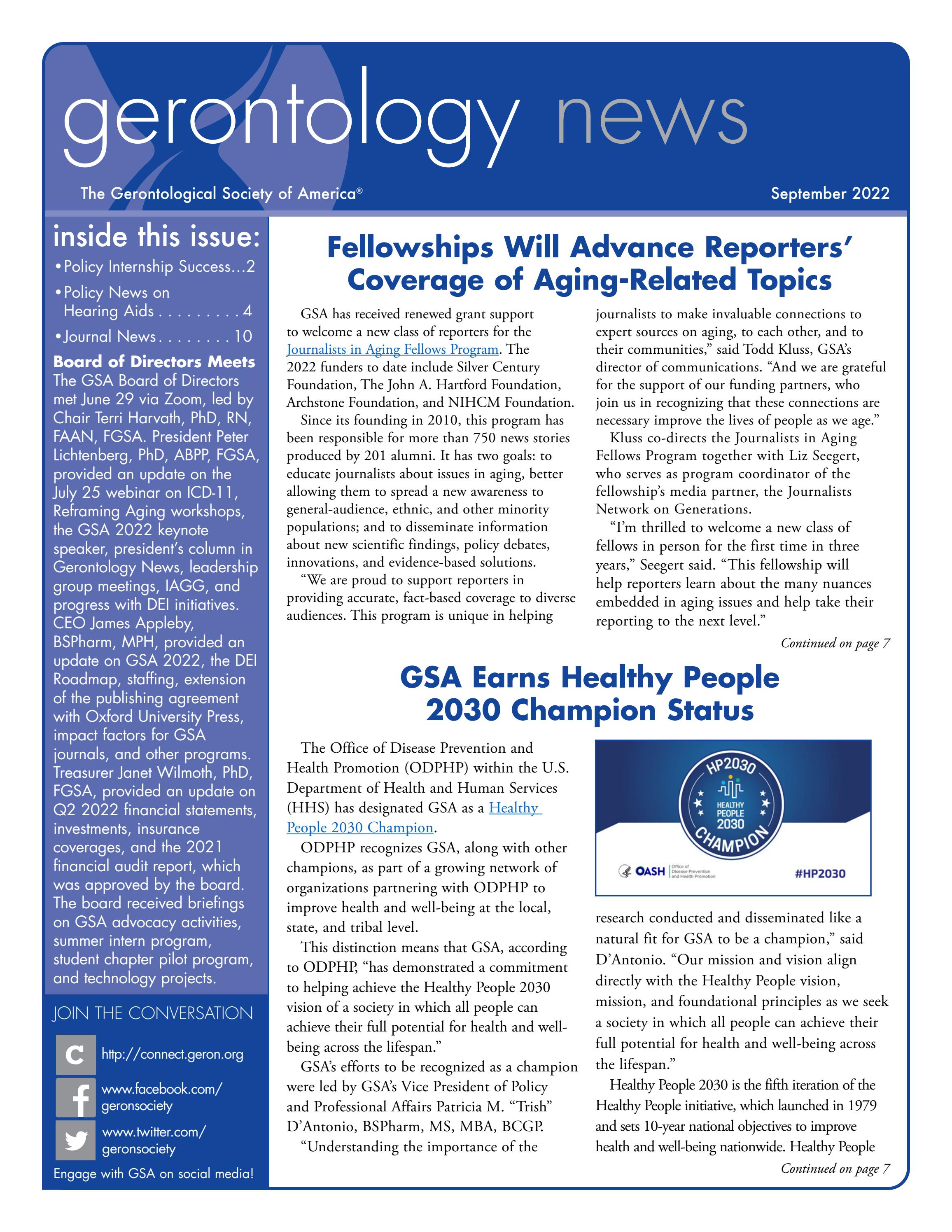 Gerontology News, September 2022 by The Gerontological Society of
