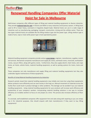 Renowned Handling Companies Offer Material Hoist for Sale in Melbourne