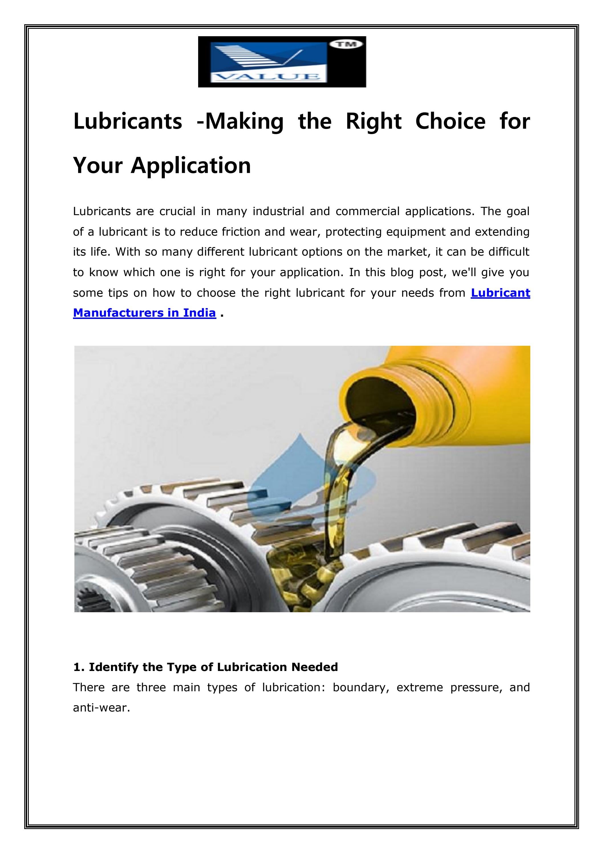 Lubricants Making the Right Choice for Your Application by Value