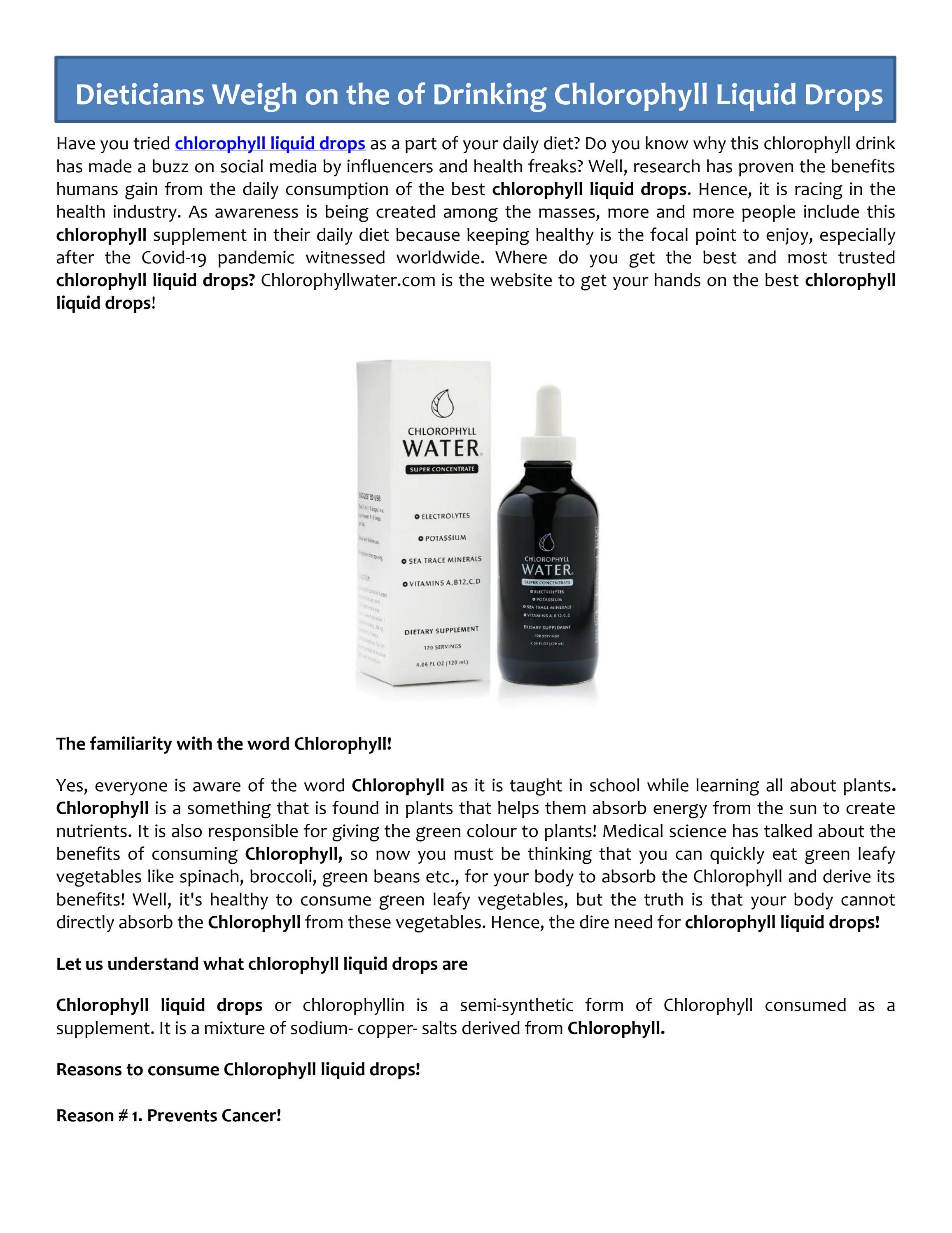 Dieticians Weigh on the of Drinking Chlorophyll Liquid Drops by