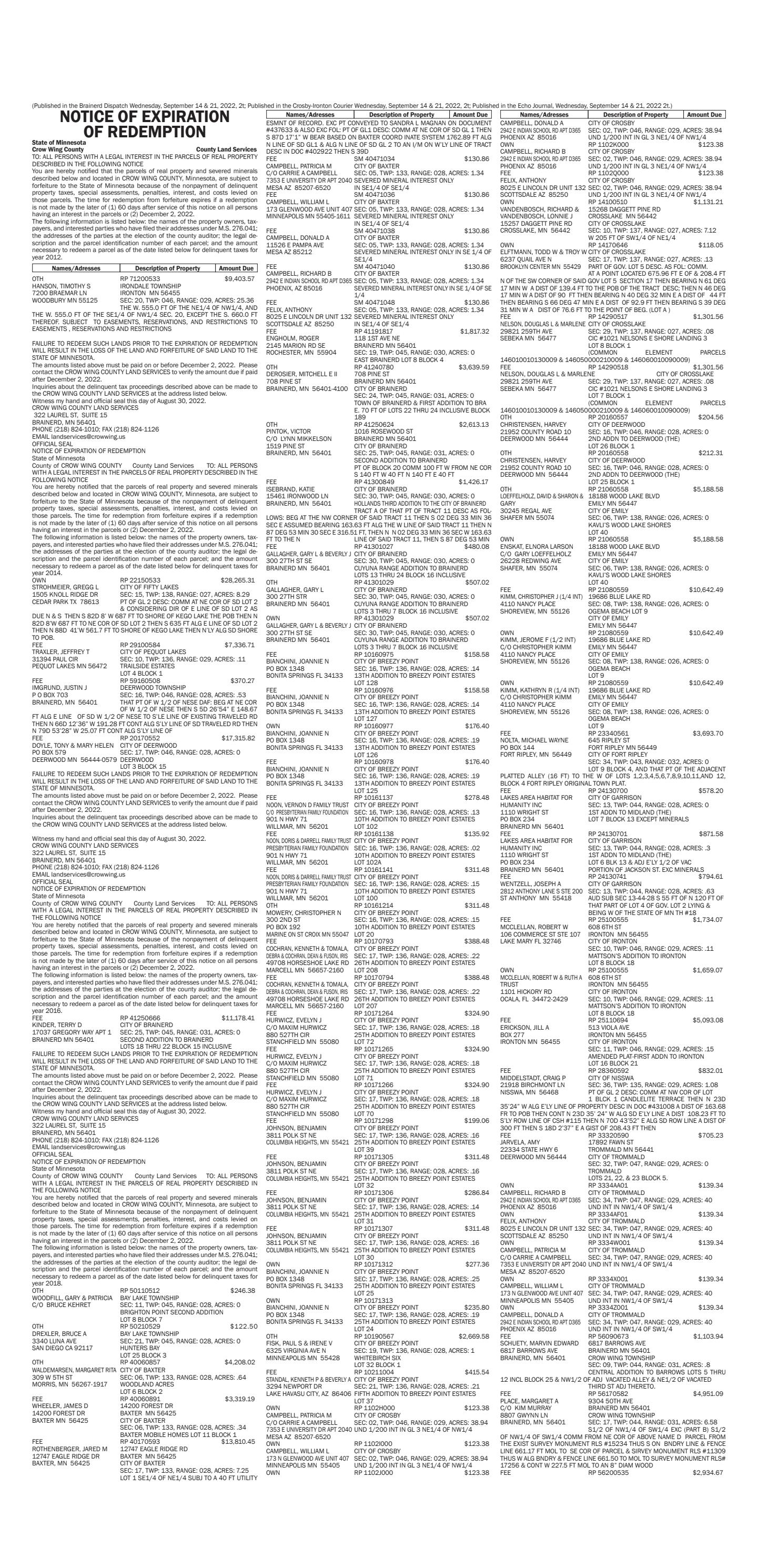 NOTICE OF EXPIRATION OF REDEMPTION Crow Wing County by Brainerd