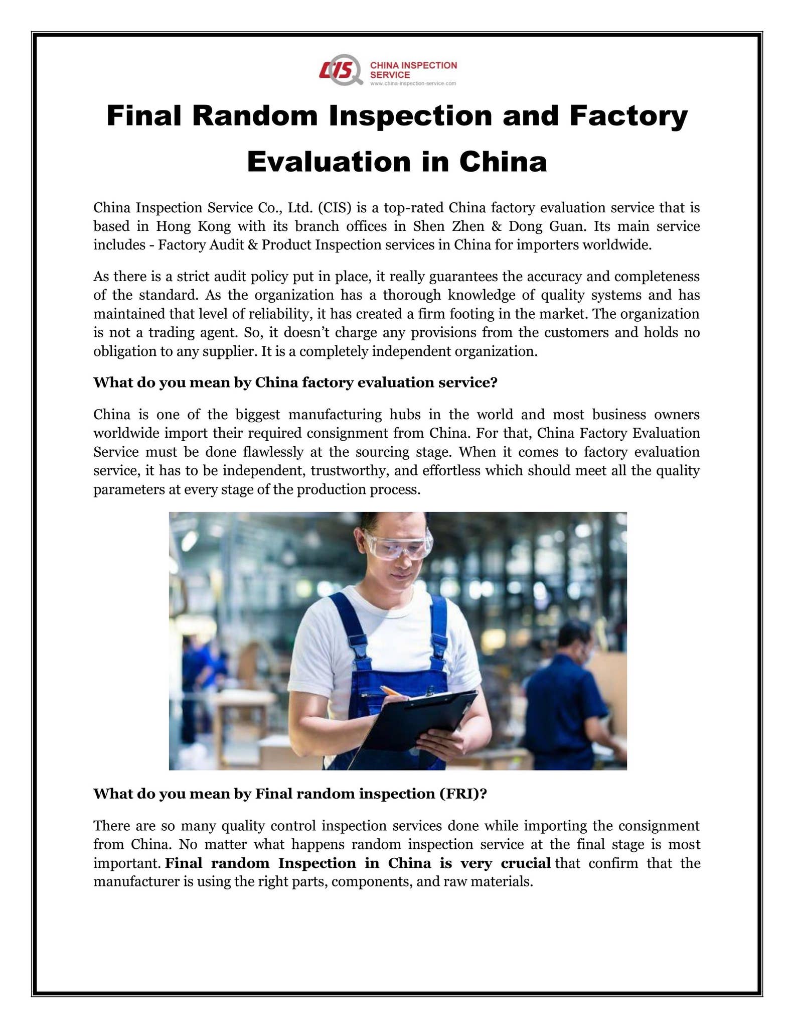 Alan Random Inspection Final Random Inspection and Factory Evaluation in China by ...