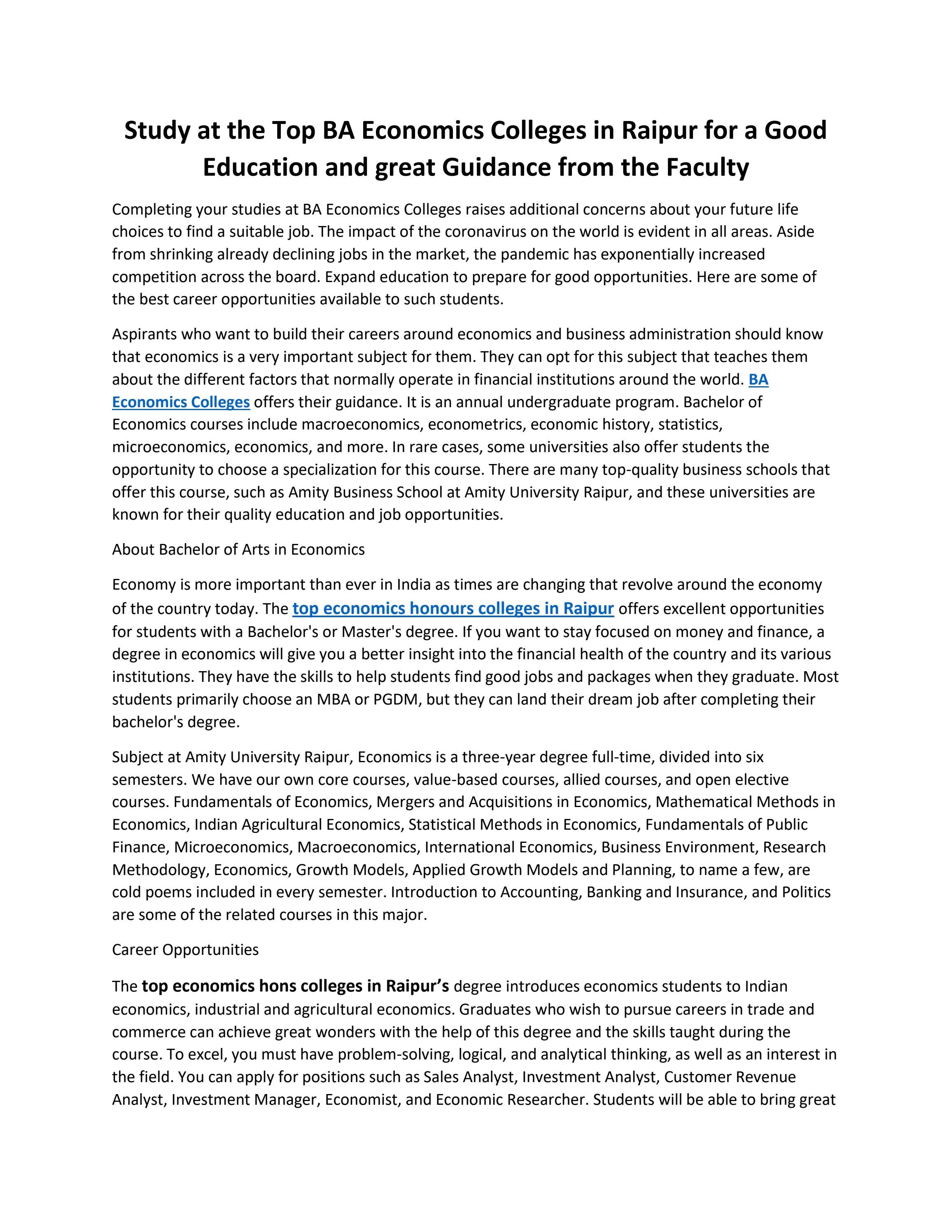 Study at the Top BA Economics Colleges in Raipur for a Good Education