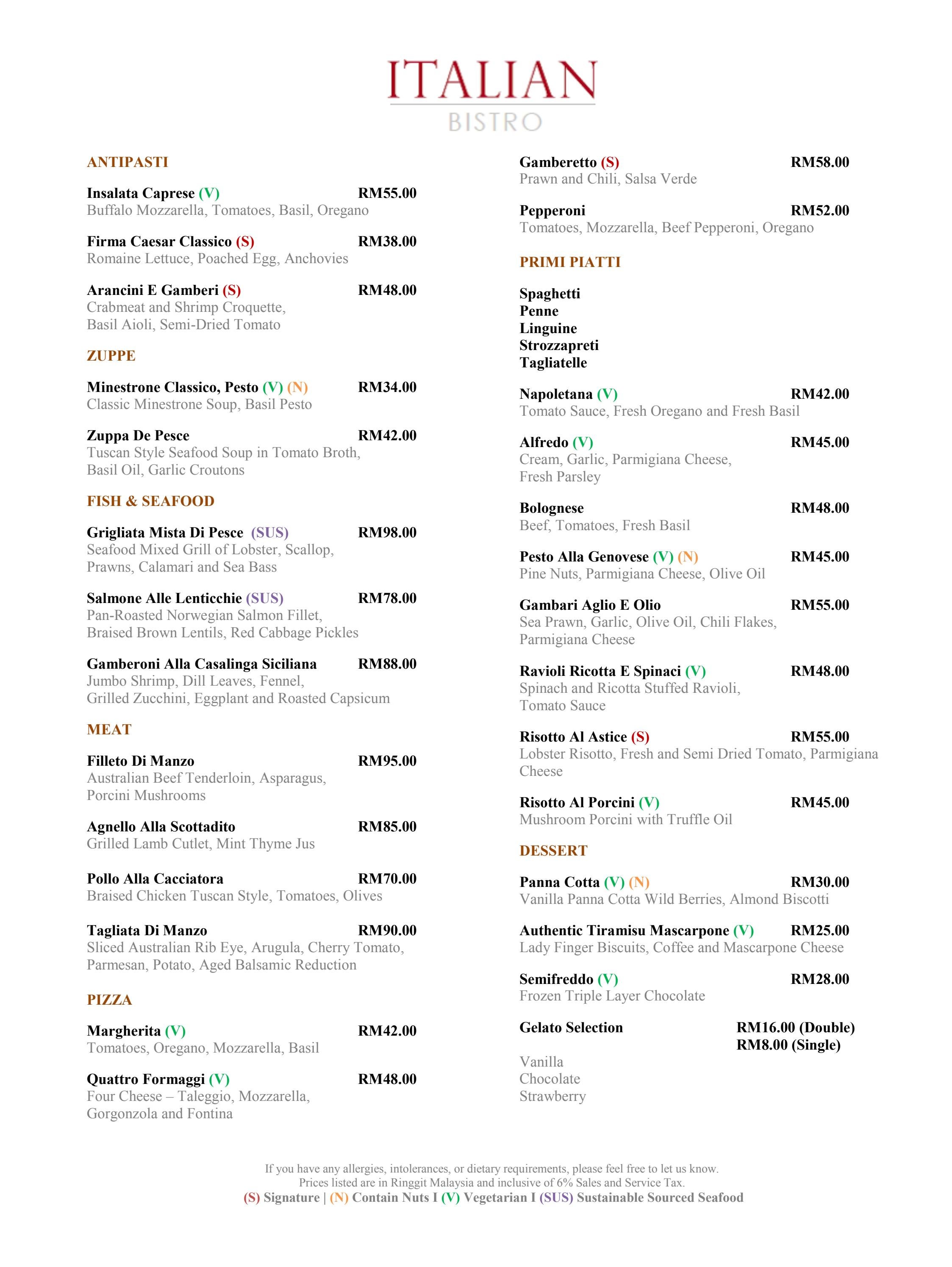 MENU Italian Bistro A La Carte Menu by Hyatt Regency Kuantan Resort