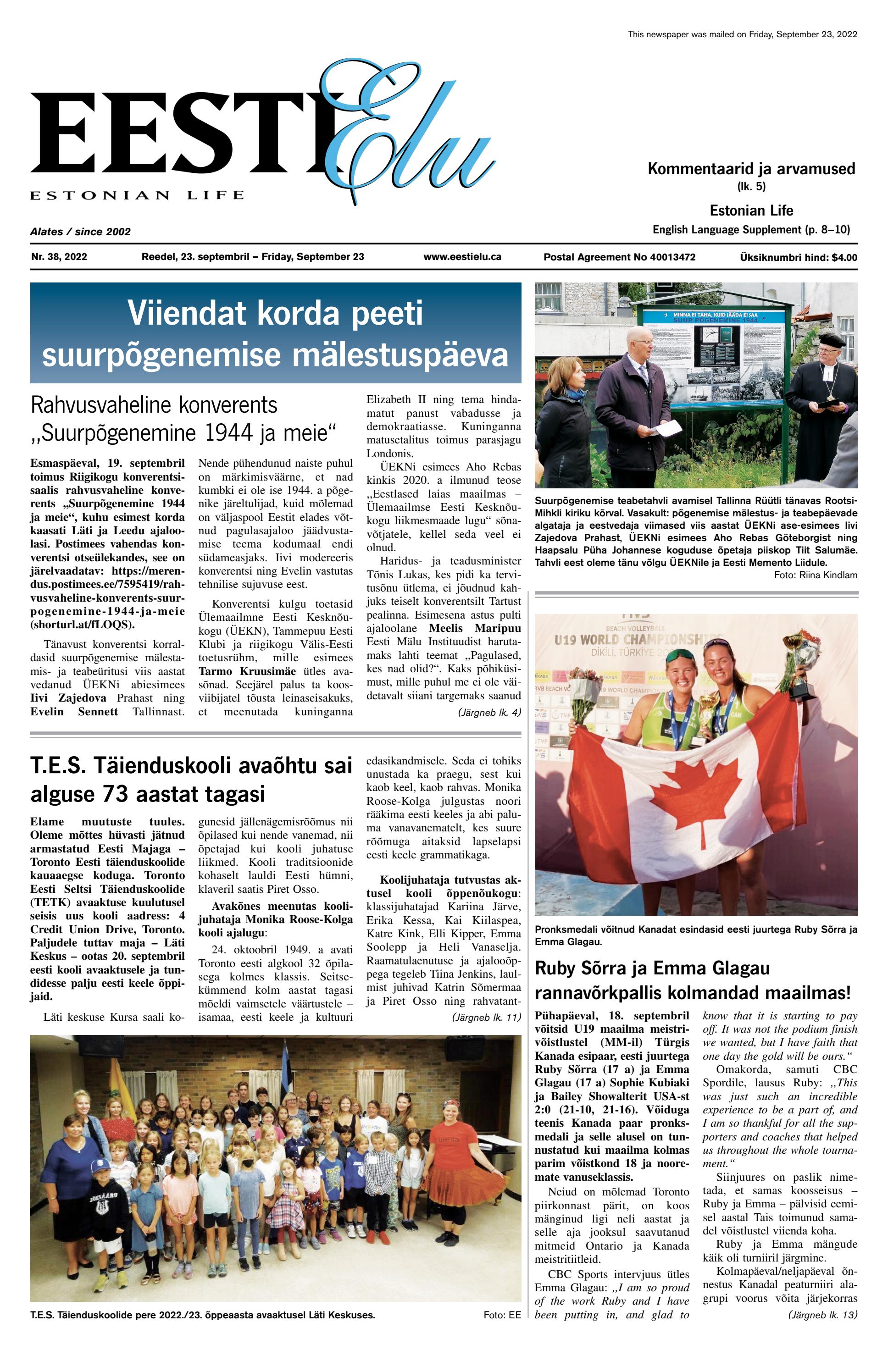 Eesti Elu / Estonian Life No. 38 | September 23, 2022 by Eesti Elu
