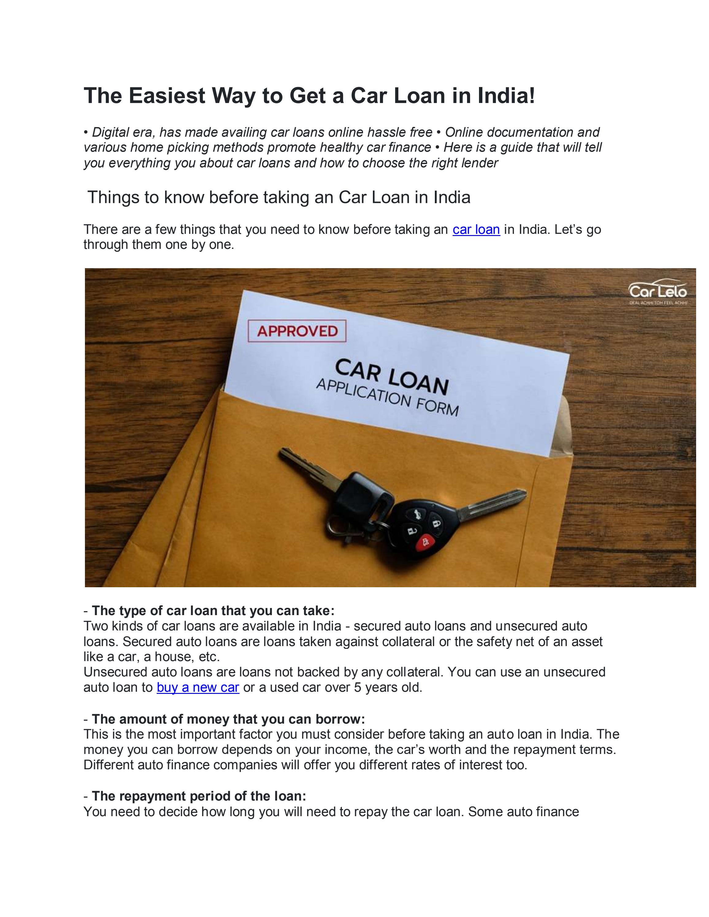 The Easiest Way to Get a Car Loan in India! by Carlelo India Issuu