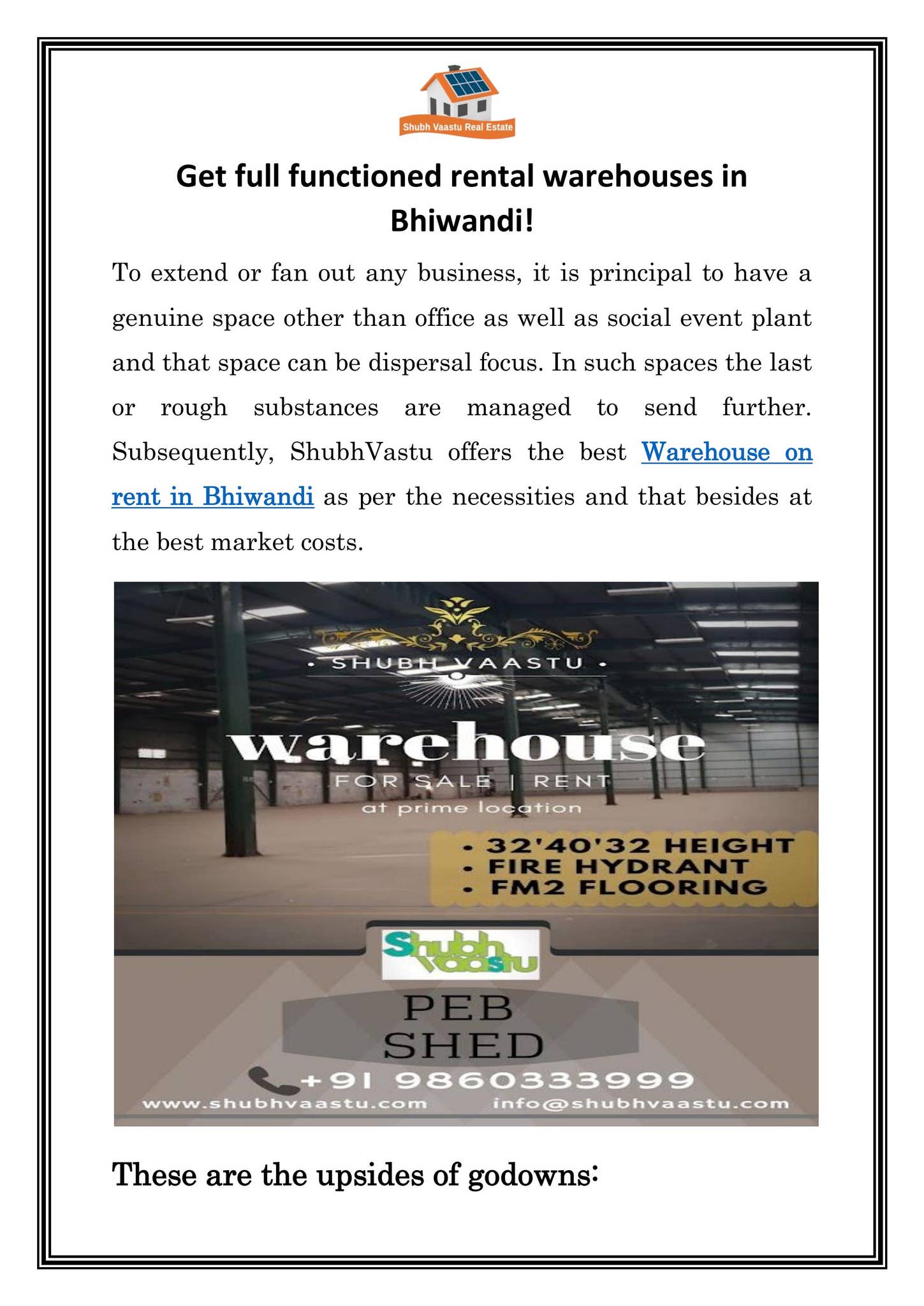 Get full functioned rental warehouses in Bhiwandi by Shubh Vaastu - Issuu