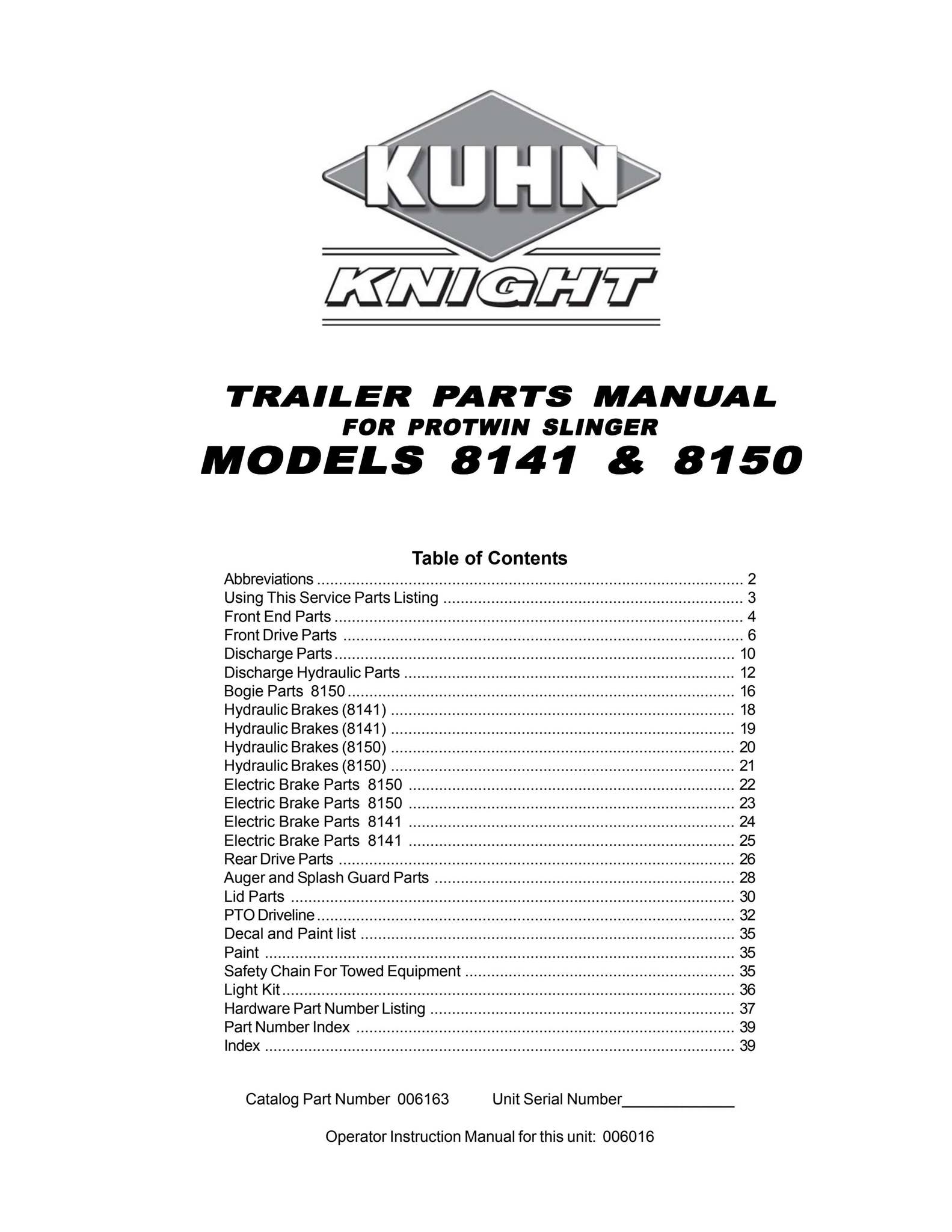 Kuhn Protwin 8141 8150 Parts Catalog Manual for Fertilizer Spreader by