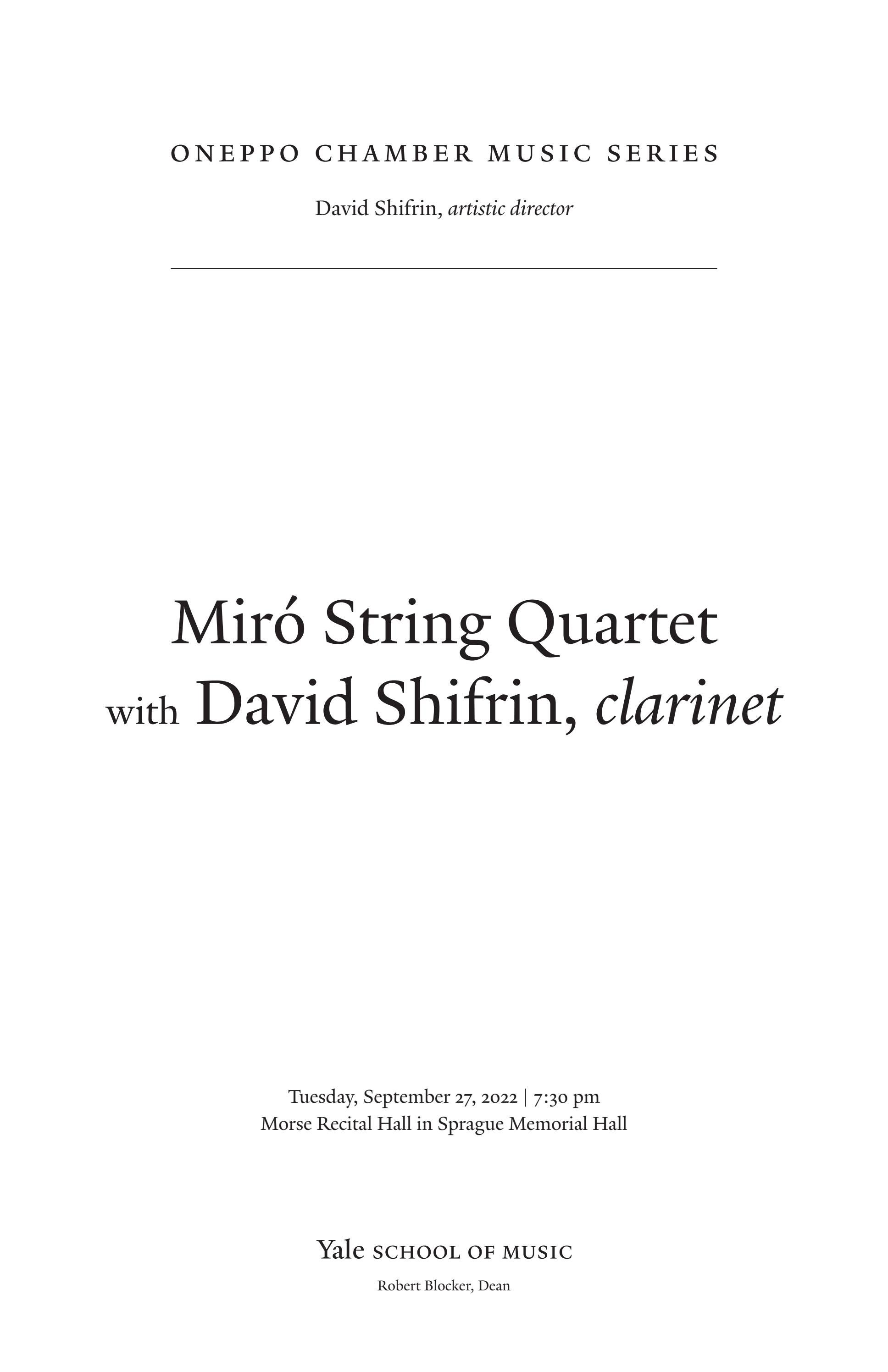 Miró Quartet with David Shifrin, September 27, 2022 by Yale