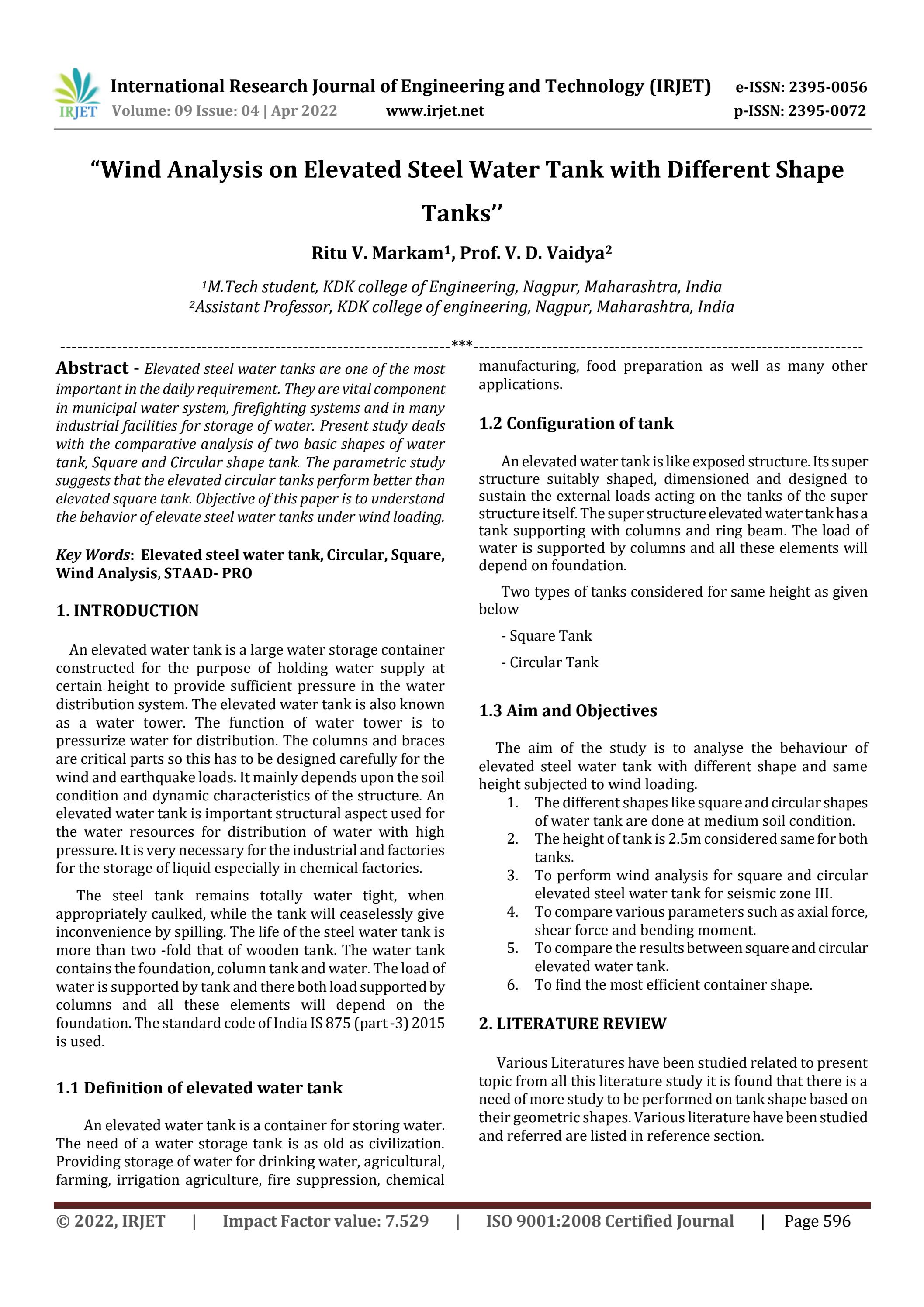 “Wind Analysis on Elevated Steel Water Tank with Different Shape Tanks