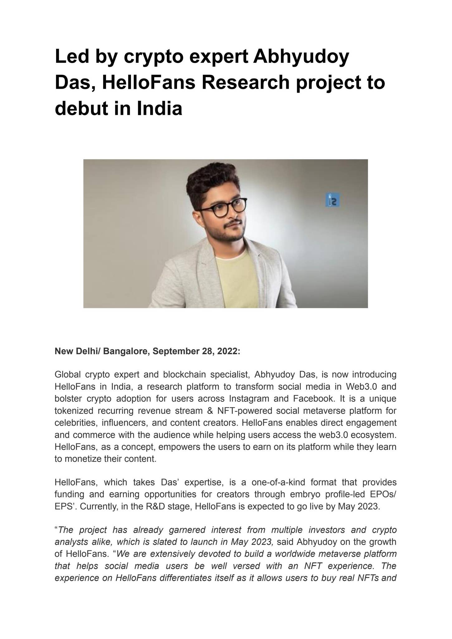 Led by crypto expert Abhyudoy Das, HelloFans Research project to debut in  India by insights success - Issuu