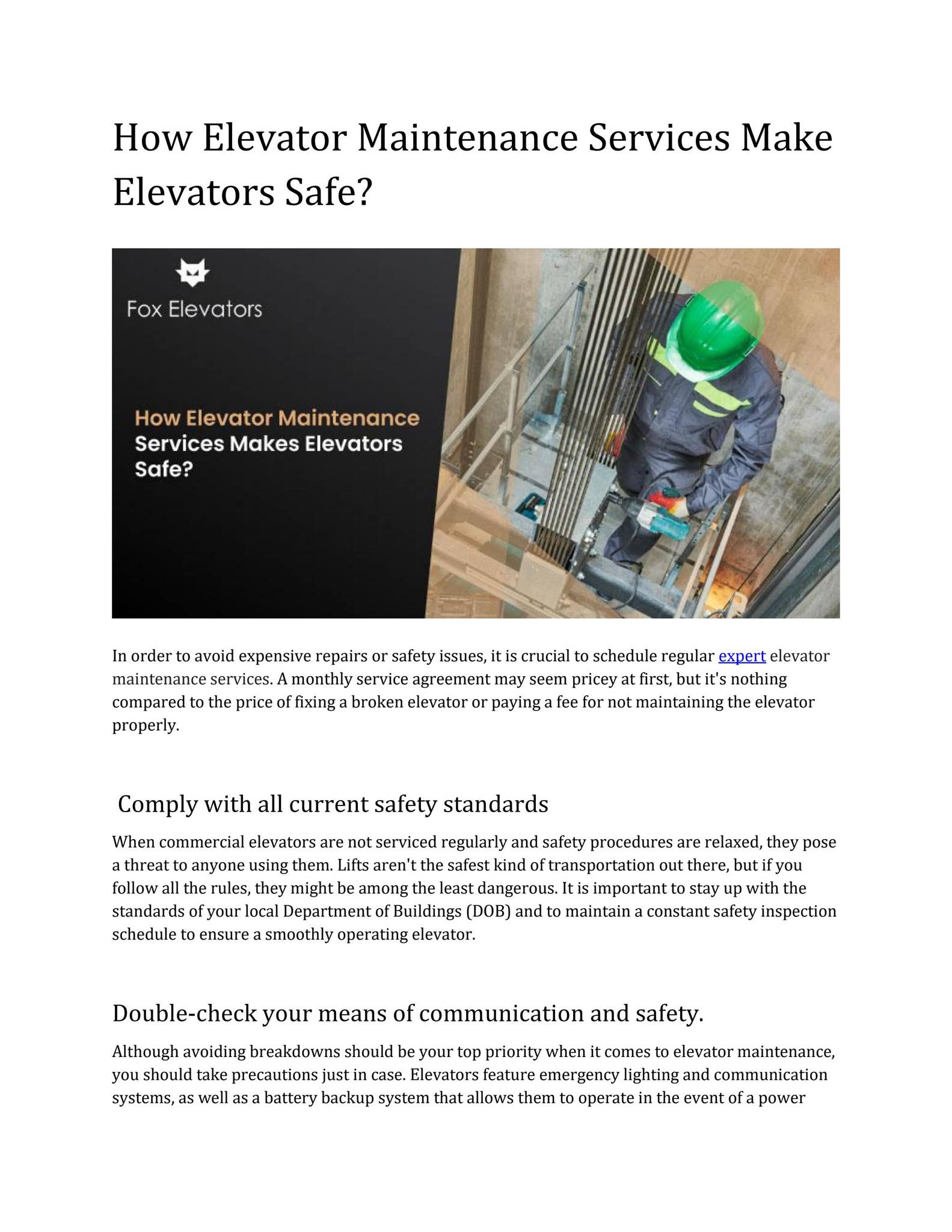 How Elevator Maintenance Services Makes Elevators Safe? by Fox ...