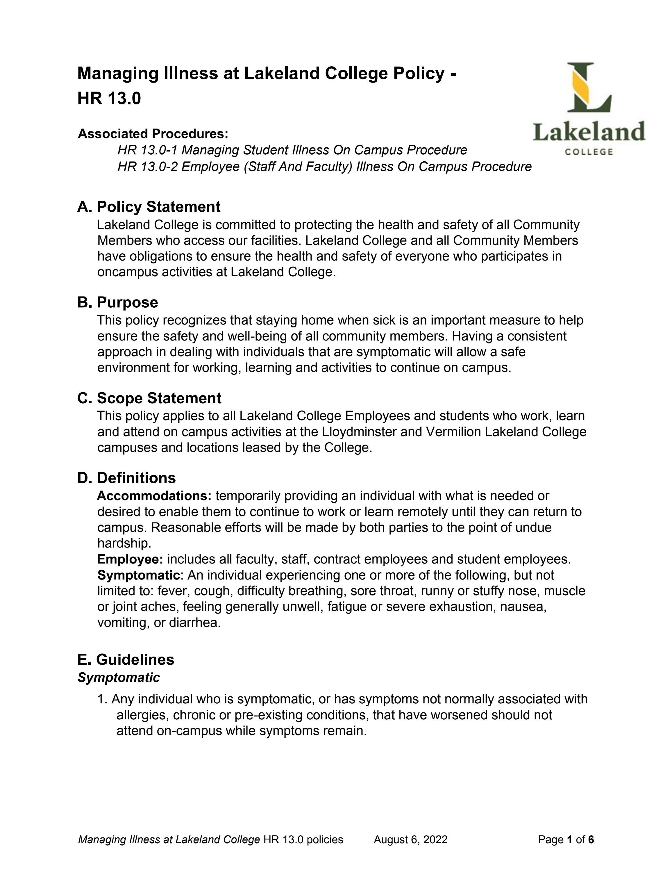 Managing Illness at Lakeland College policies by Lakeland College