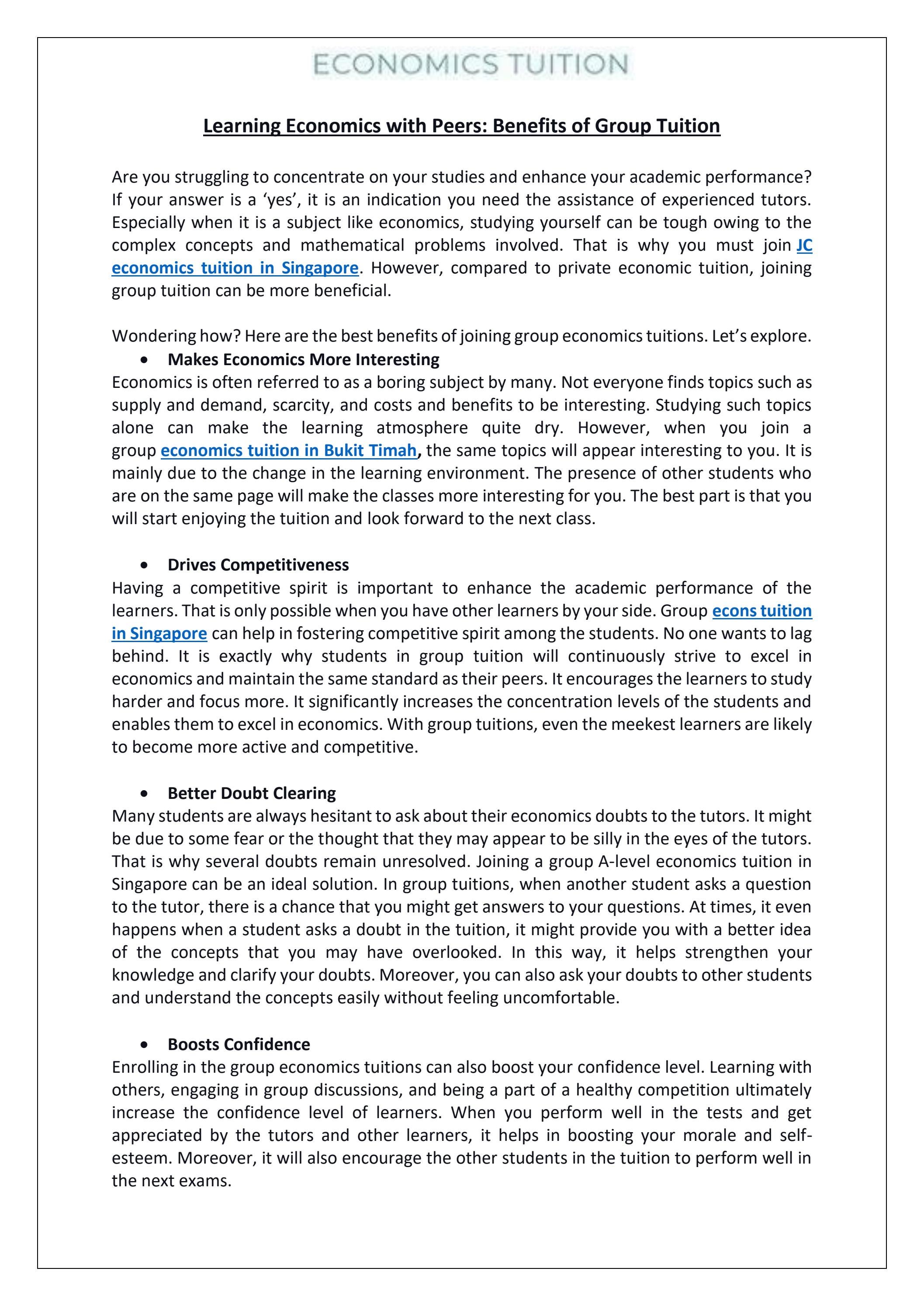 Learning Economics with Peers Benefits of Group Tuition by JC