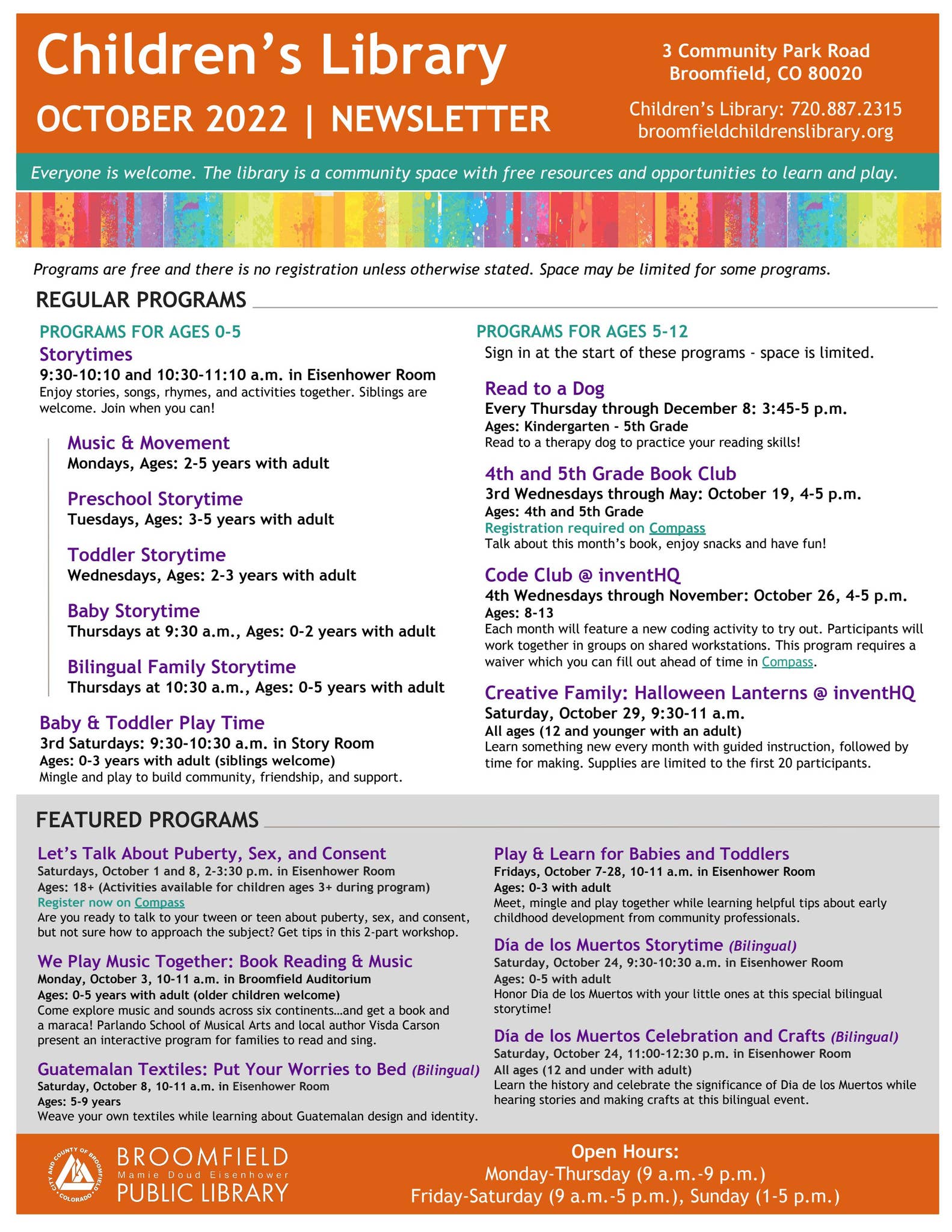 Broomfield Library Children's Newsletter October 2022 by City and