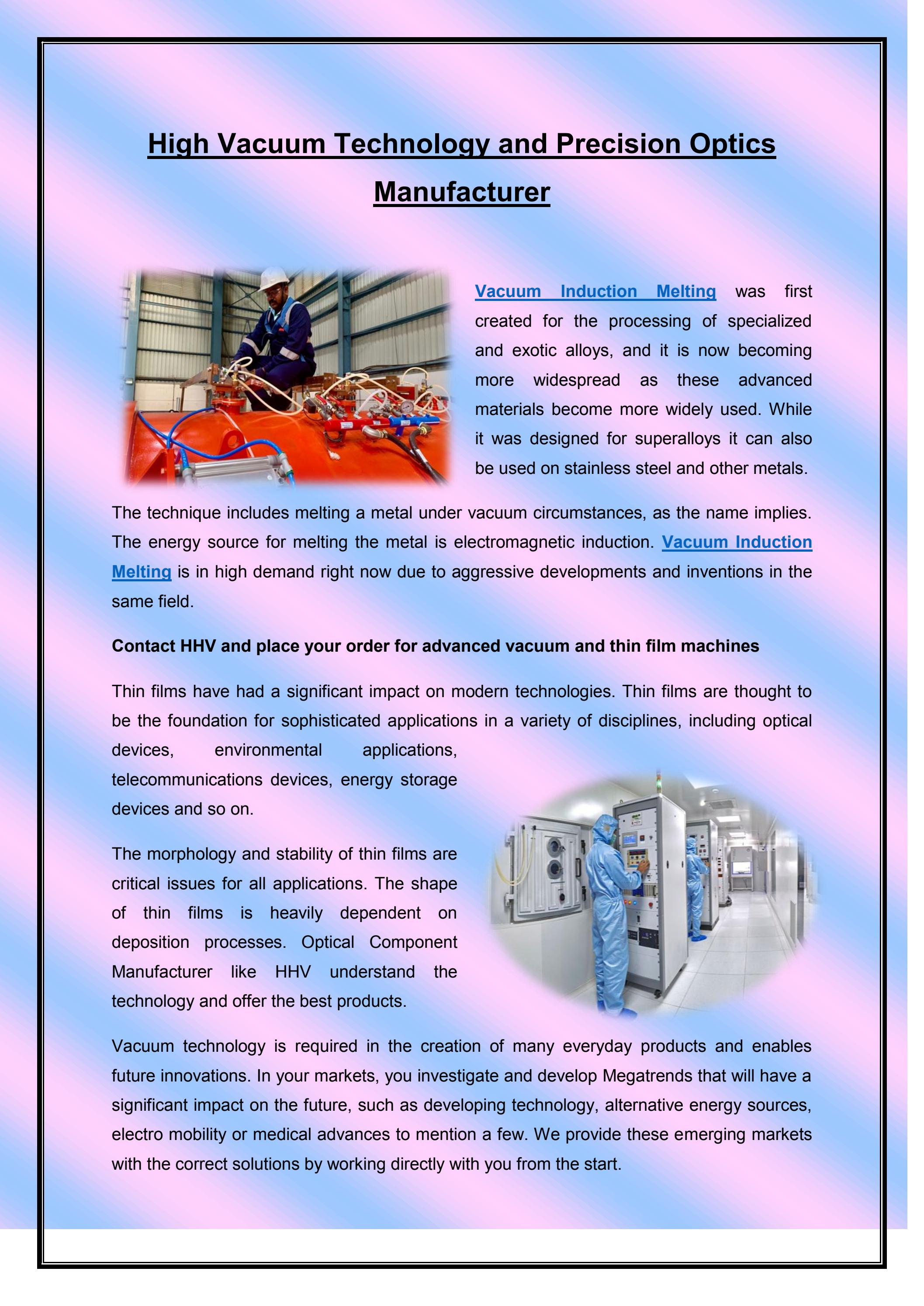 High Vacuum Technology and Precision Optics Manufacturer by Hind High