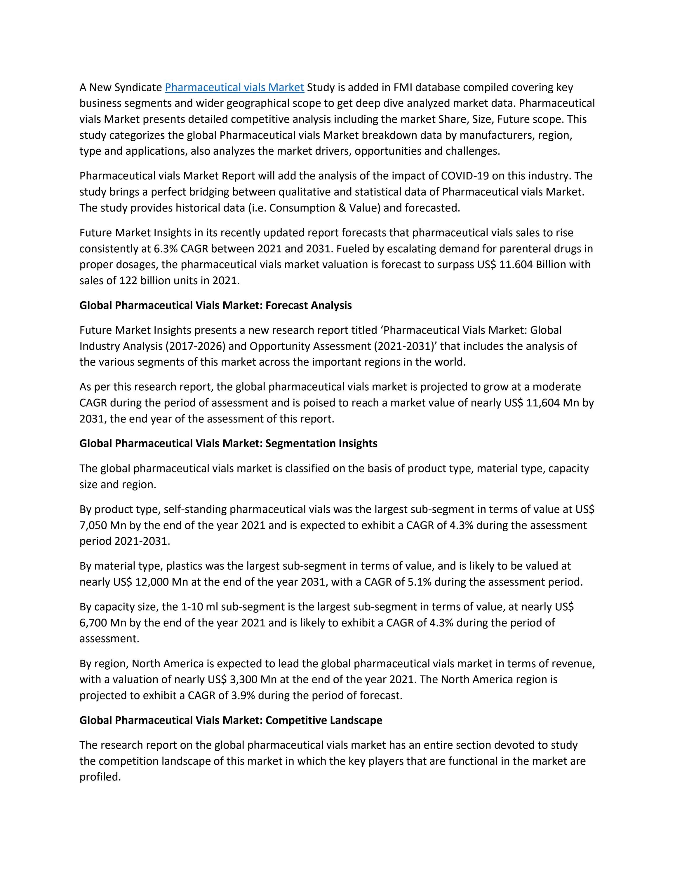 Pharmaceutical Vials Market Insights, Deep Analysis of Key Vendor in