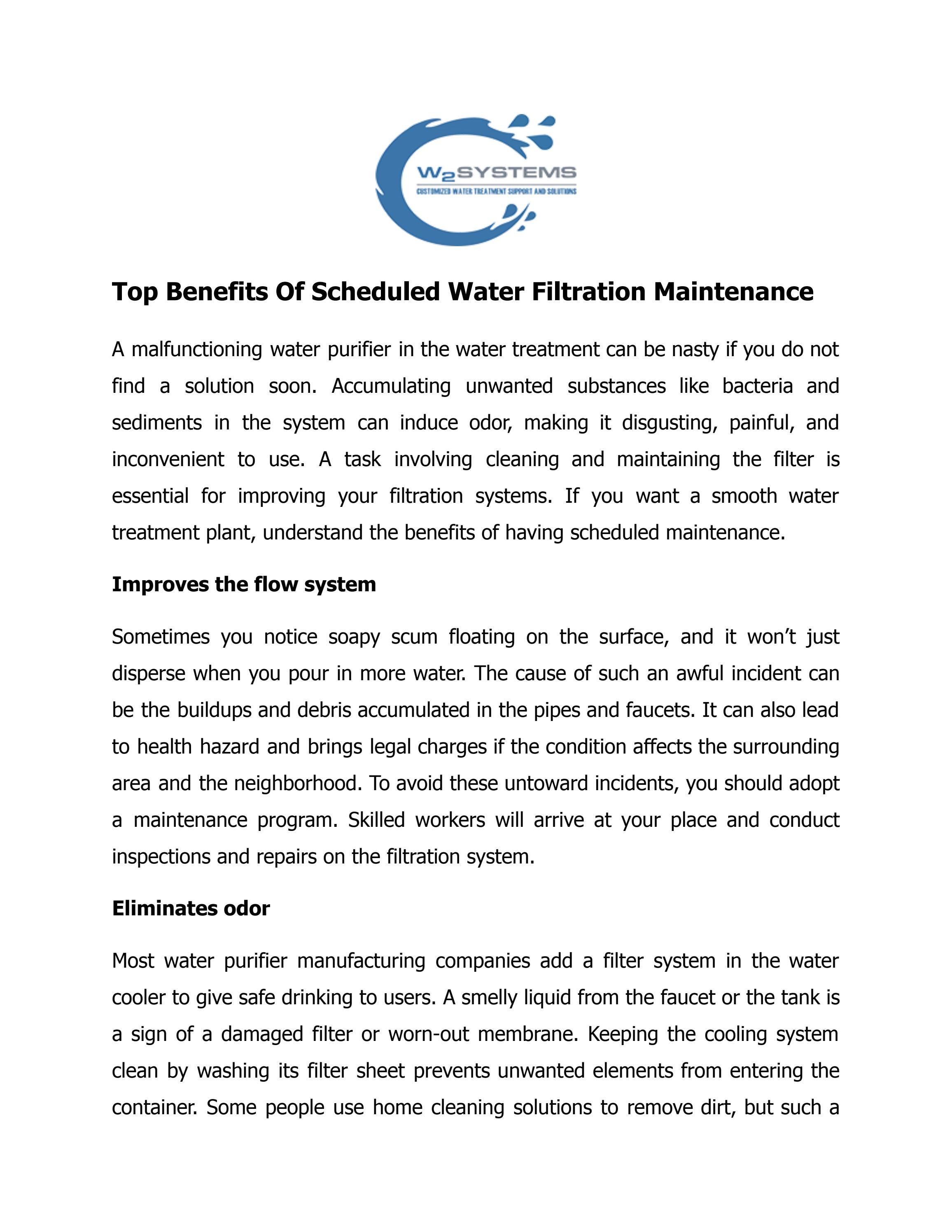 Top Benefits Of Scheduled Water Filtration Maintenance by W2 Systems ...