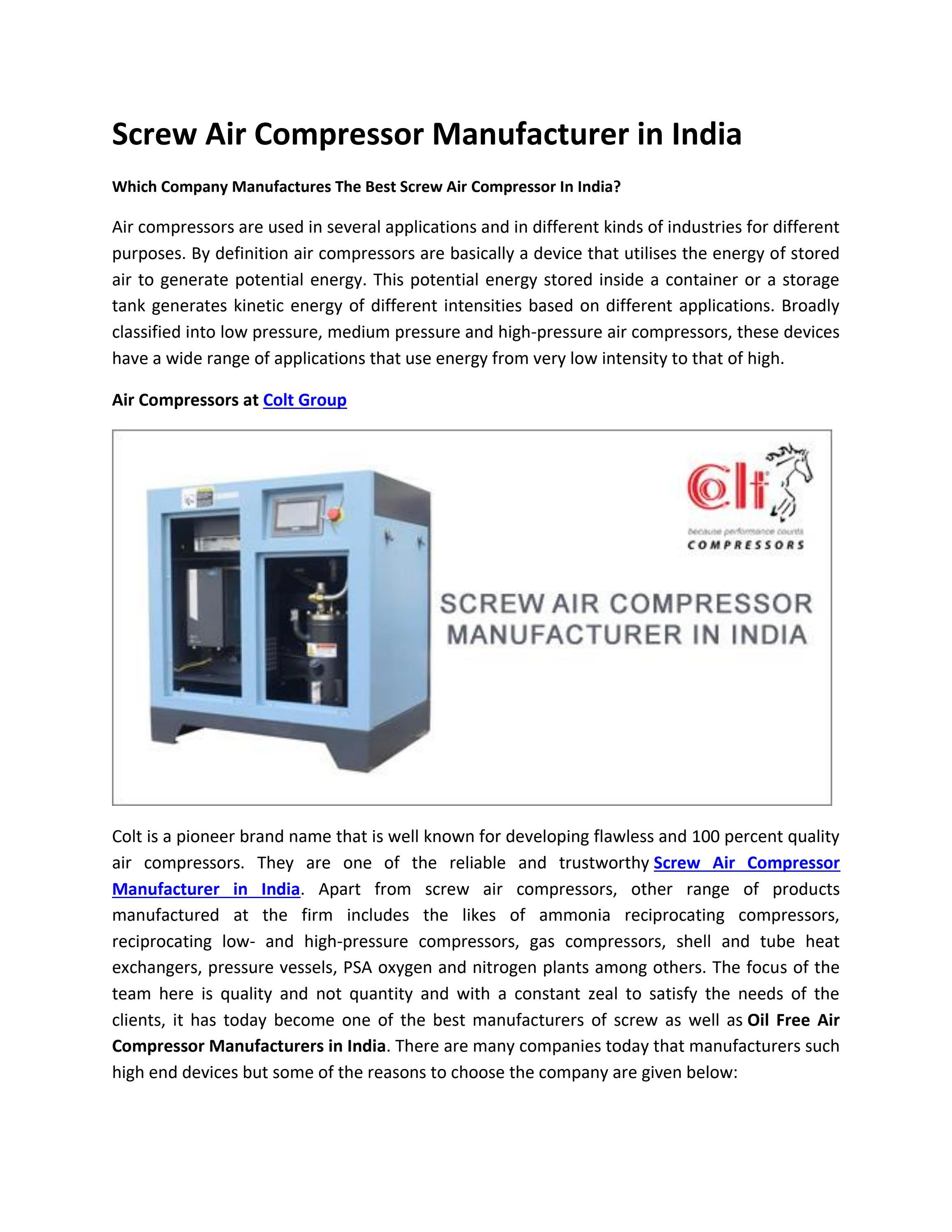 Screw Air Compressor Manufacturer in India by Colt Group Issuu