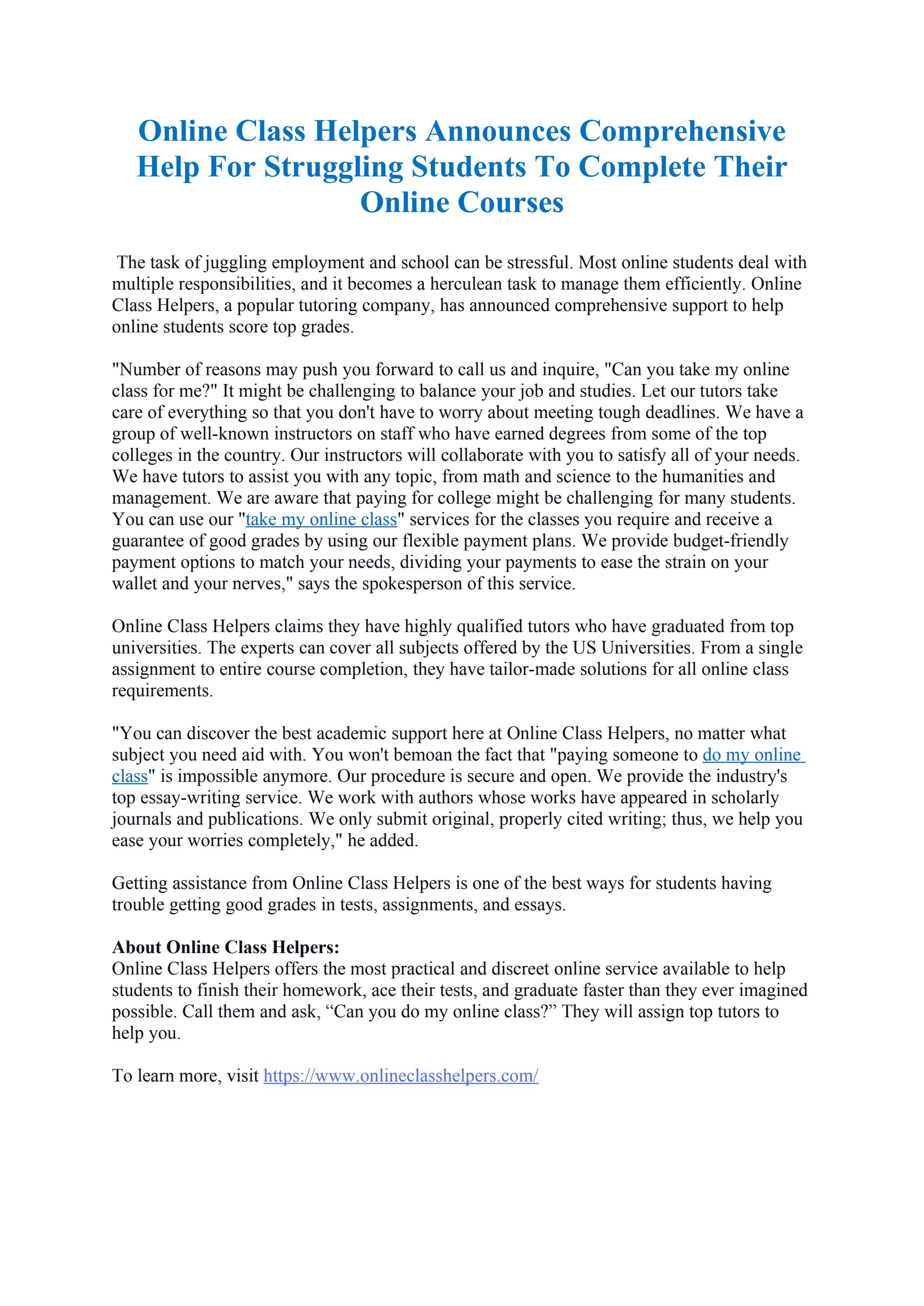 Online Class Helpers Announces Comprehensive Help For Struggling Online Class Helpers Announces Comprehensive Help For Struggling