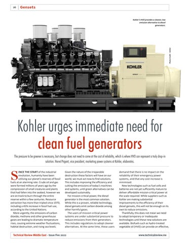 Kohler urges immediate need for clean fuel generators