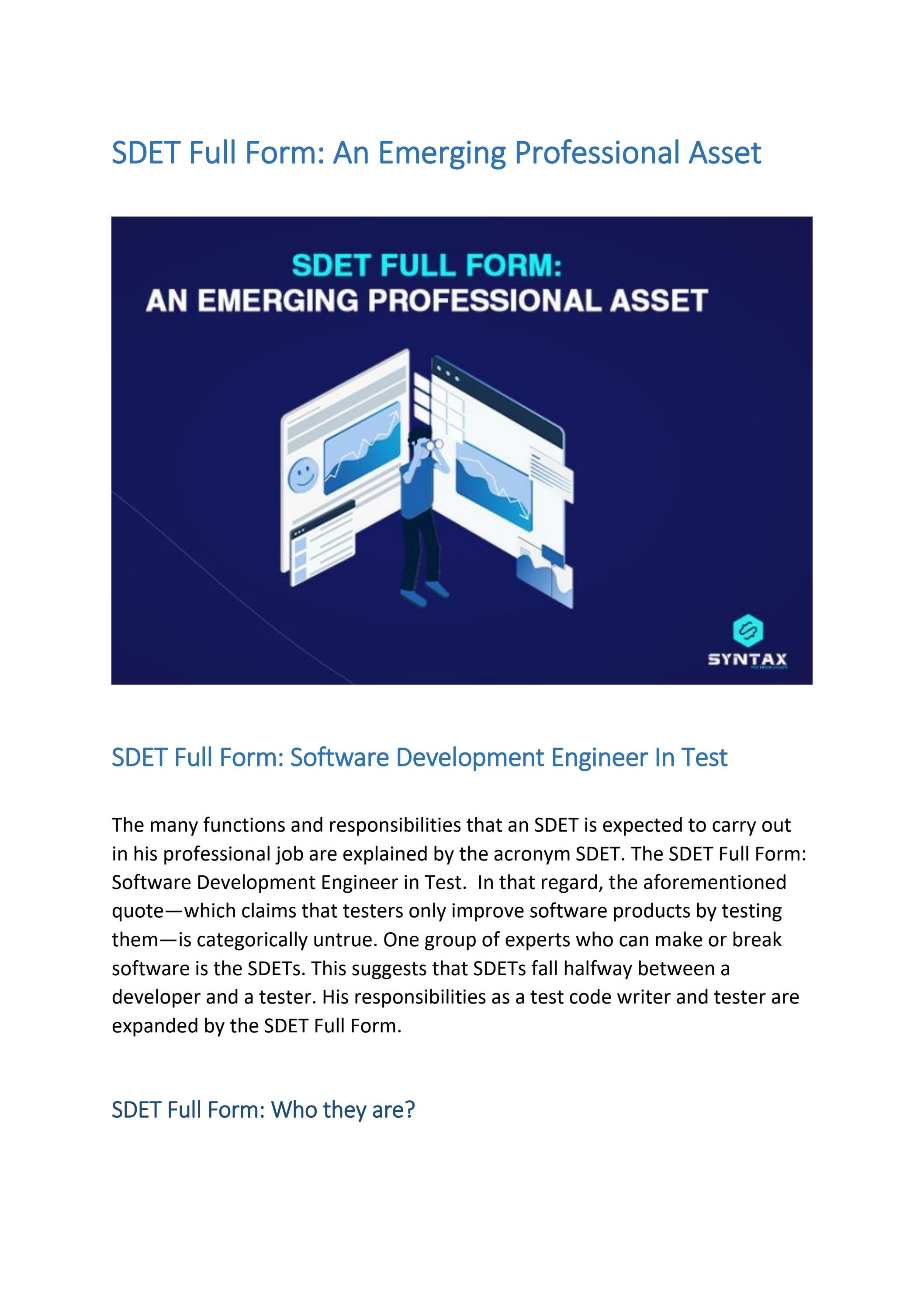 SDET Full Form An Emerging Professional Asset by syntaxtechnologiesusa