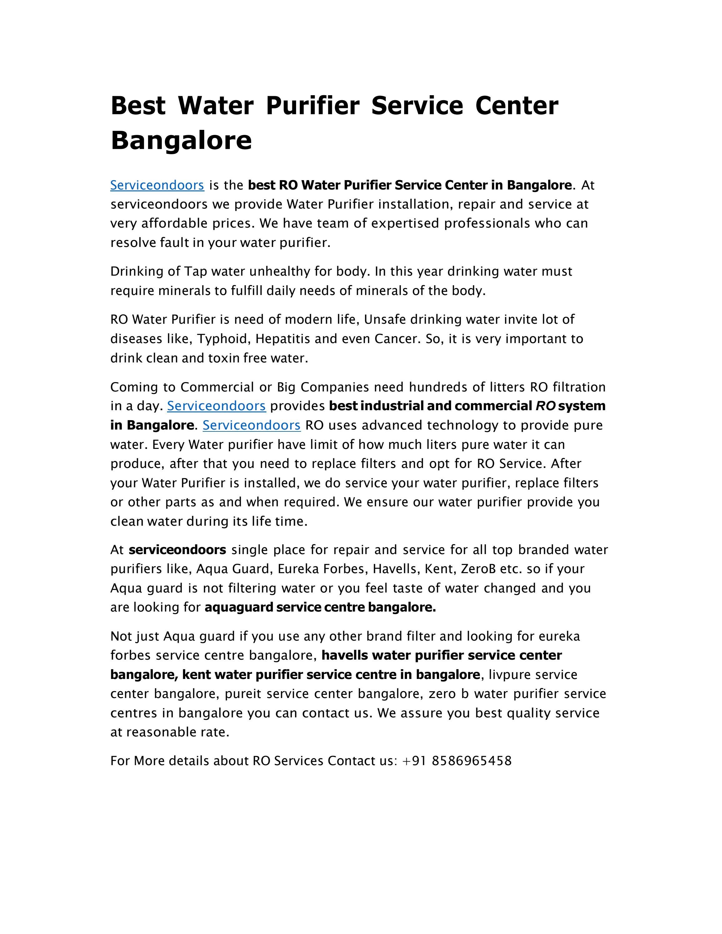 Best Water Purifier Service Centre in Bangalore by ServiceOndoors com
