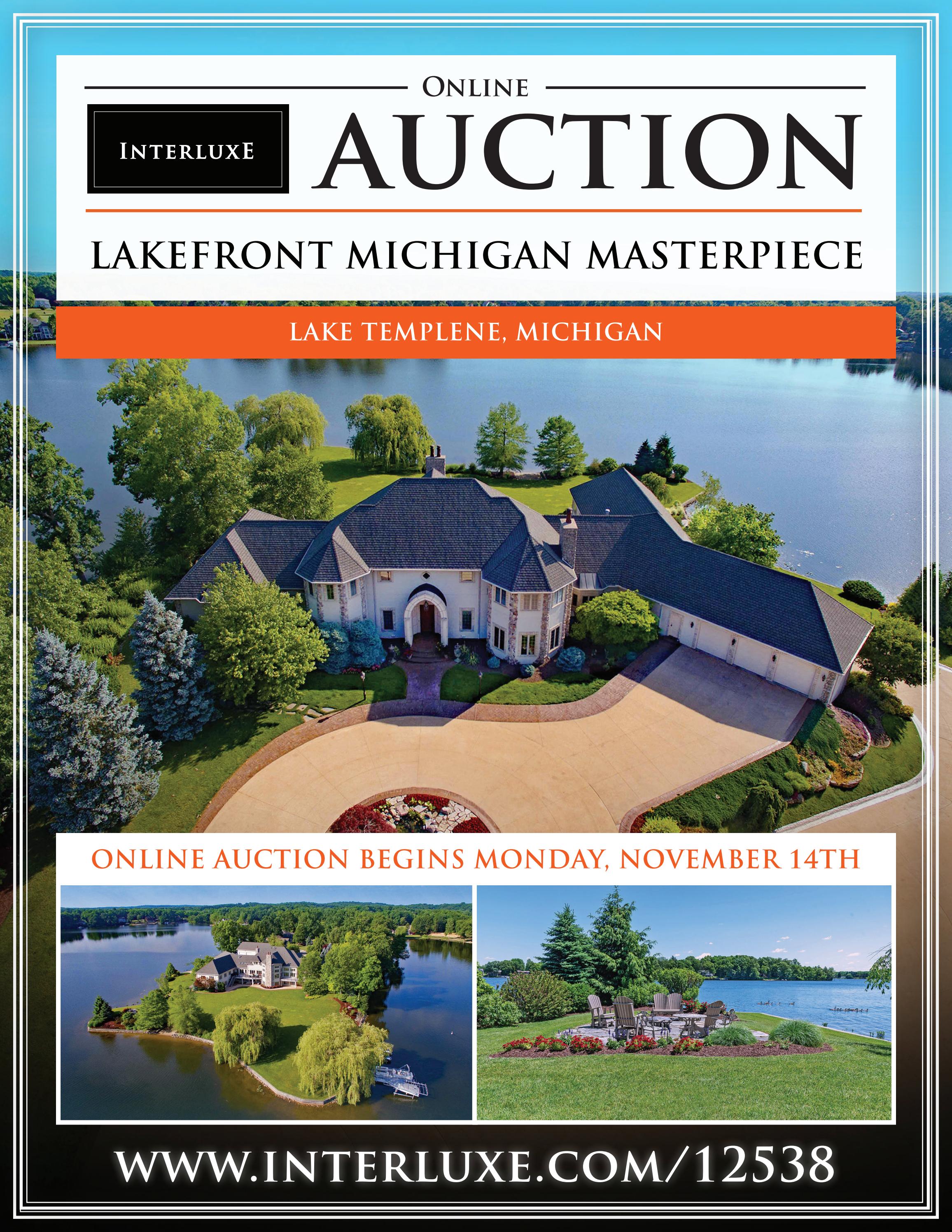 Online Auction Lakefront Michigan Masterpiece Lake Templene, MI by