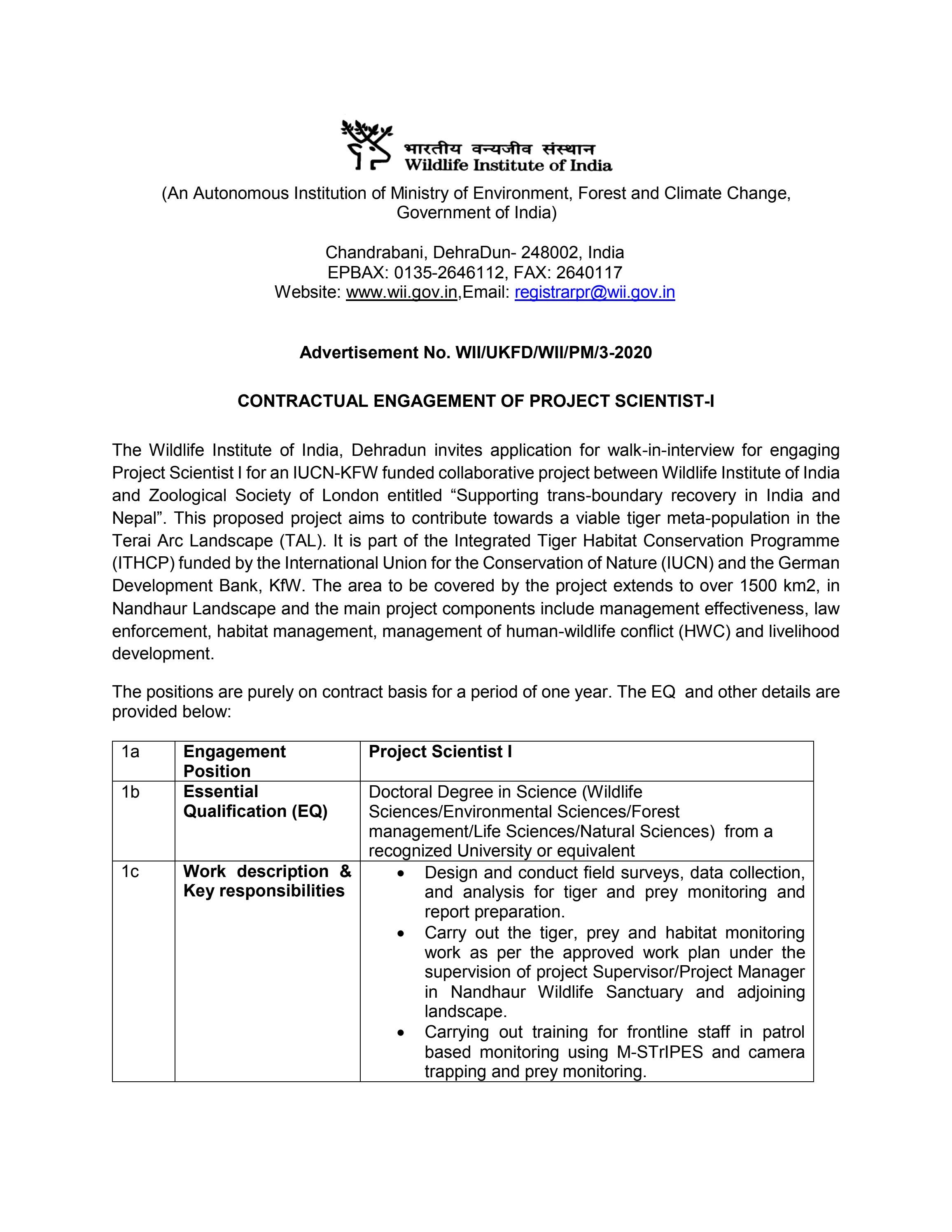 PhD Life Sciences Job at Wildlife Institute of India, Applications