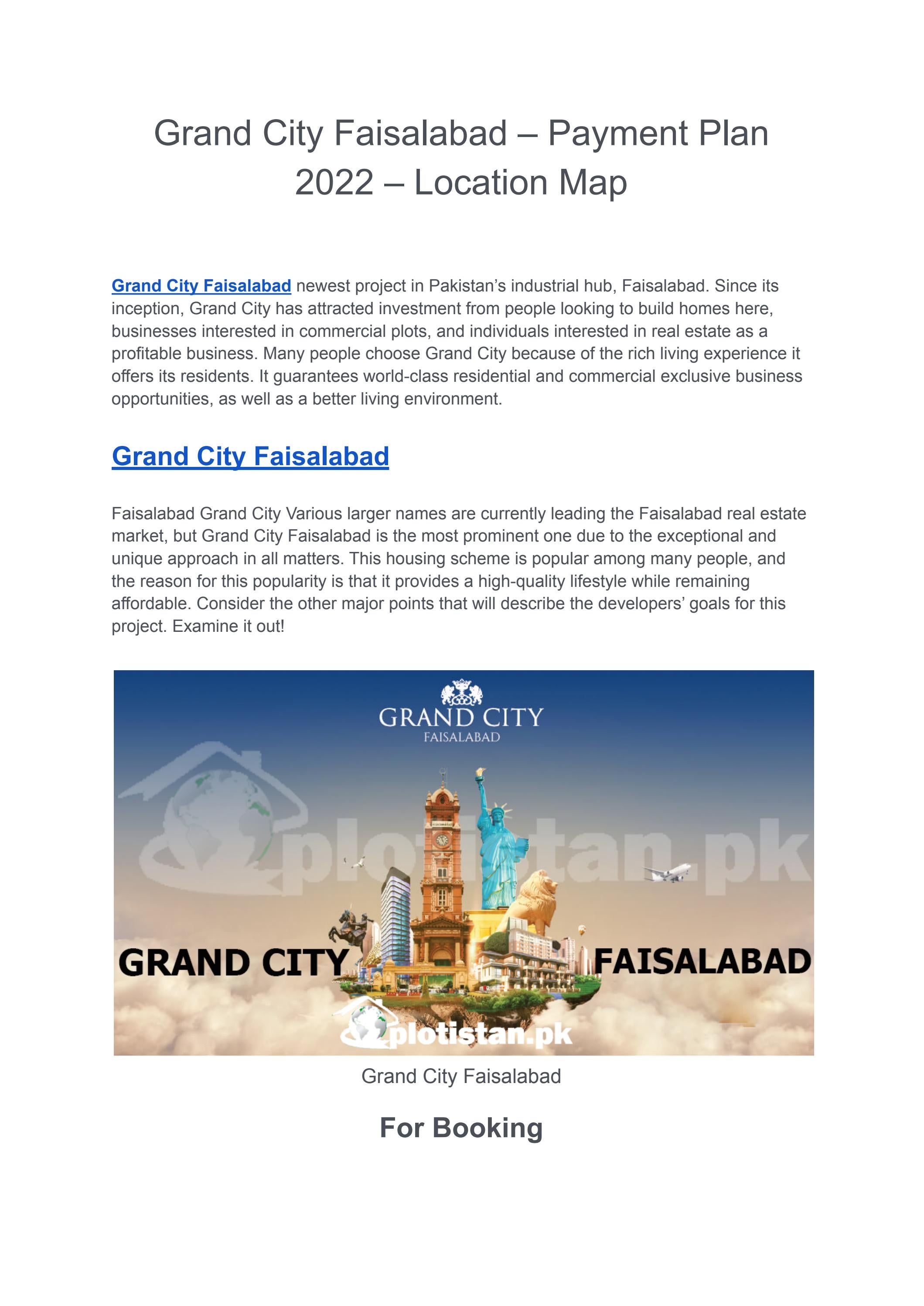 Grand City Faisalabad Payment Plan 2022 Location Map by plotistan