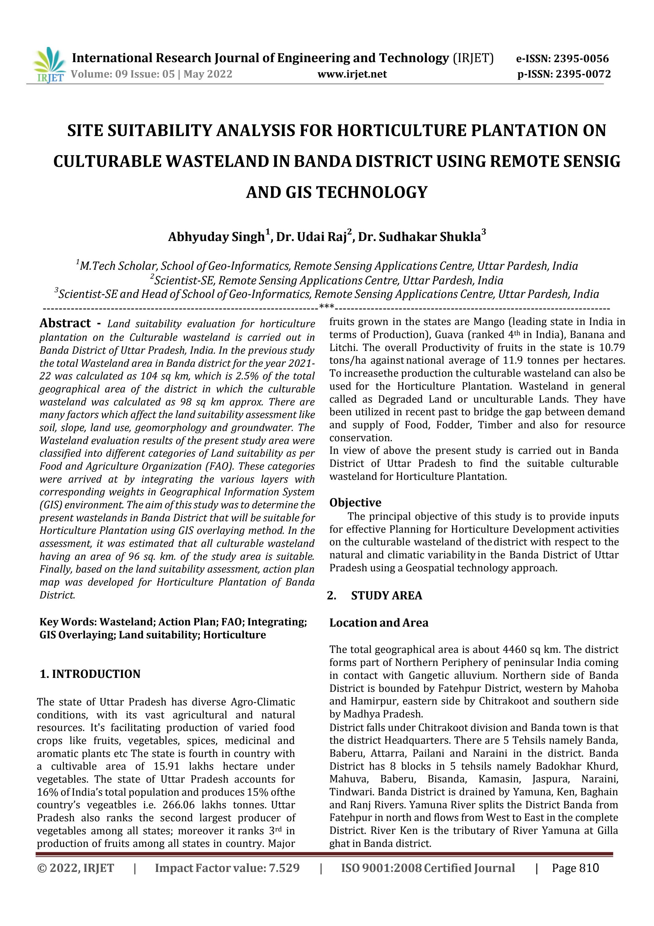 SITE SUITABILITY ANALYSIS FOR HORTICULTURE PLANTATION ON CULTURABLE
