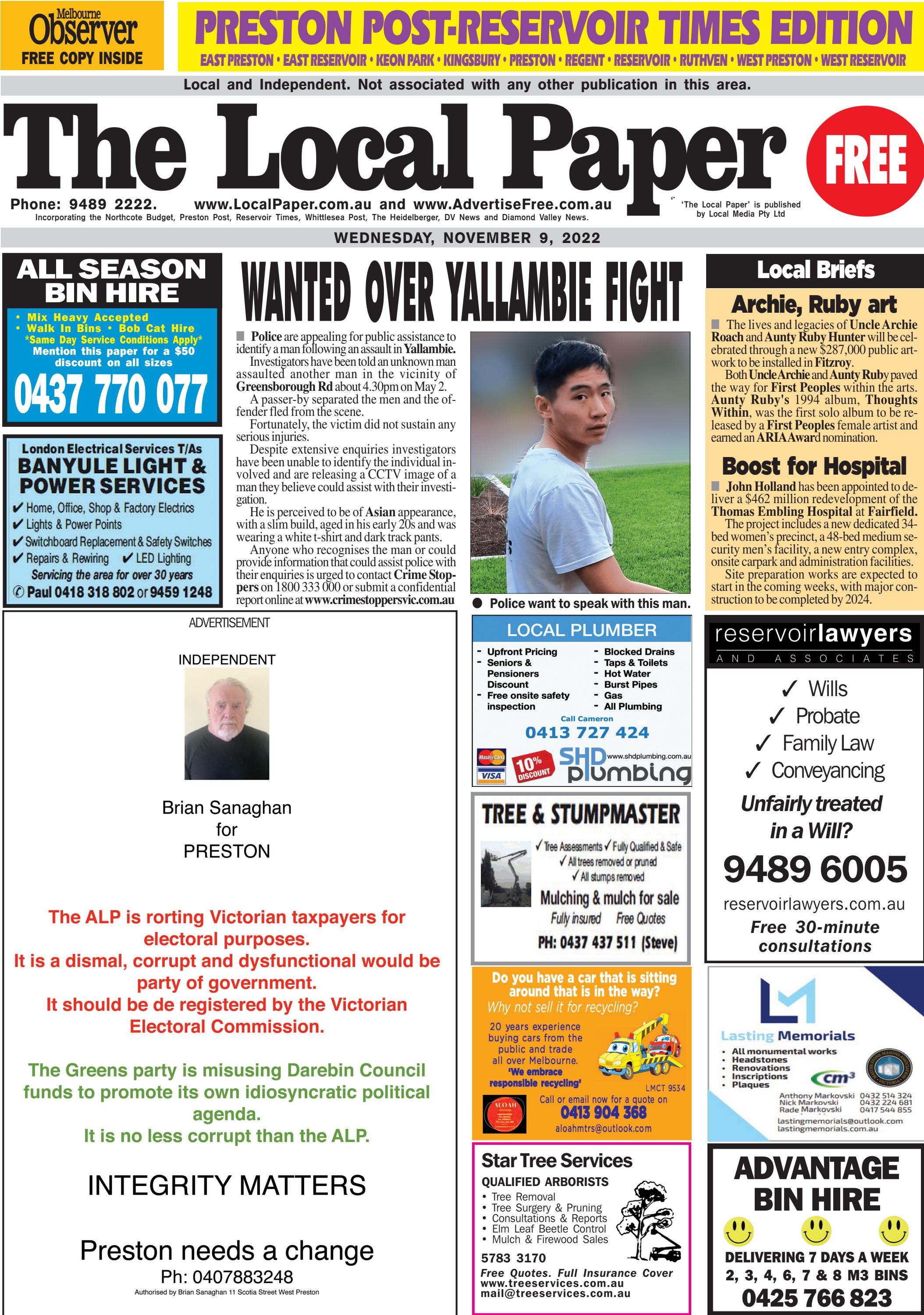 The Local Paper. Preston PostReservoir Times Edition. Wed., Nov. 9