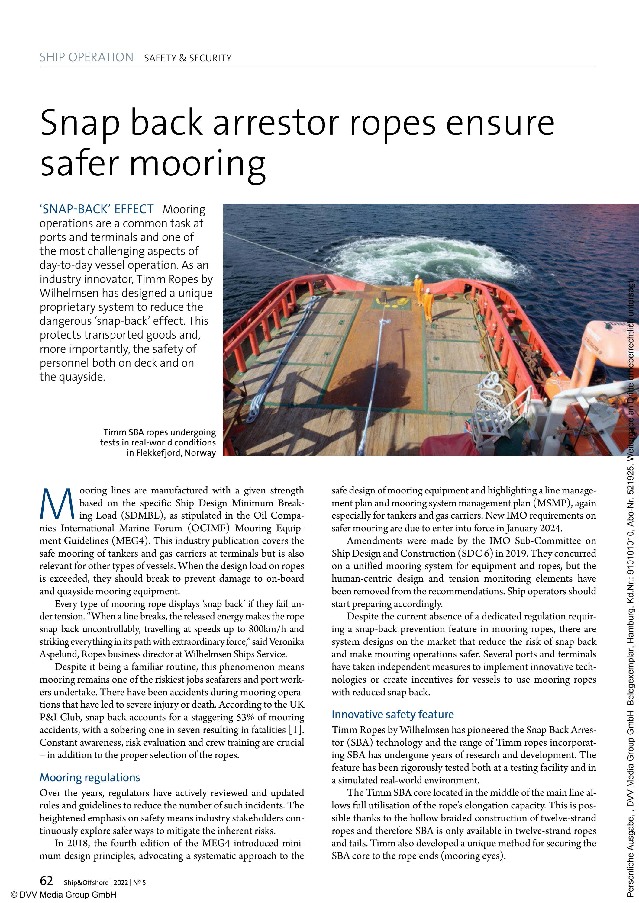 Snap back arrestor ropes ensure safer mooring by Wilhelmsen Ships