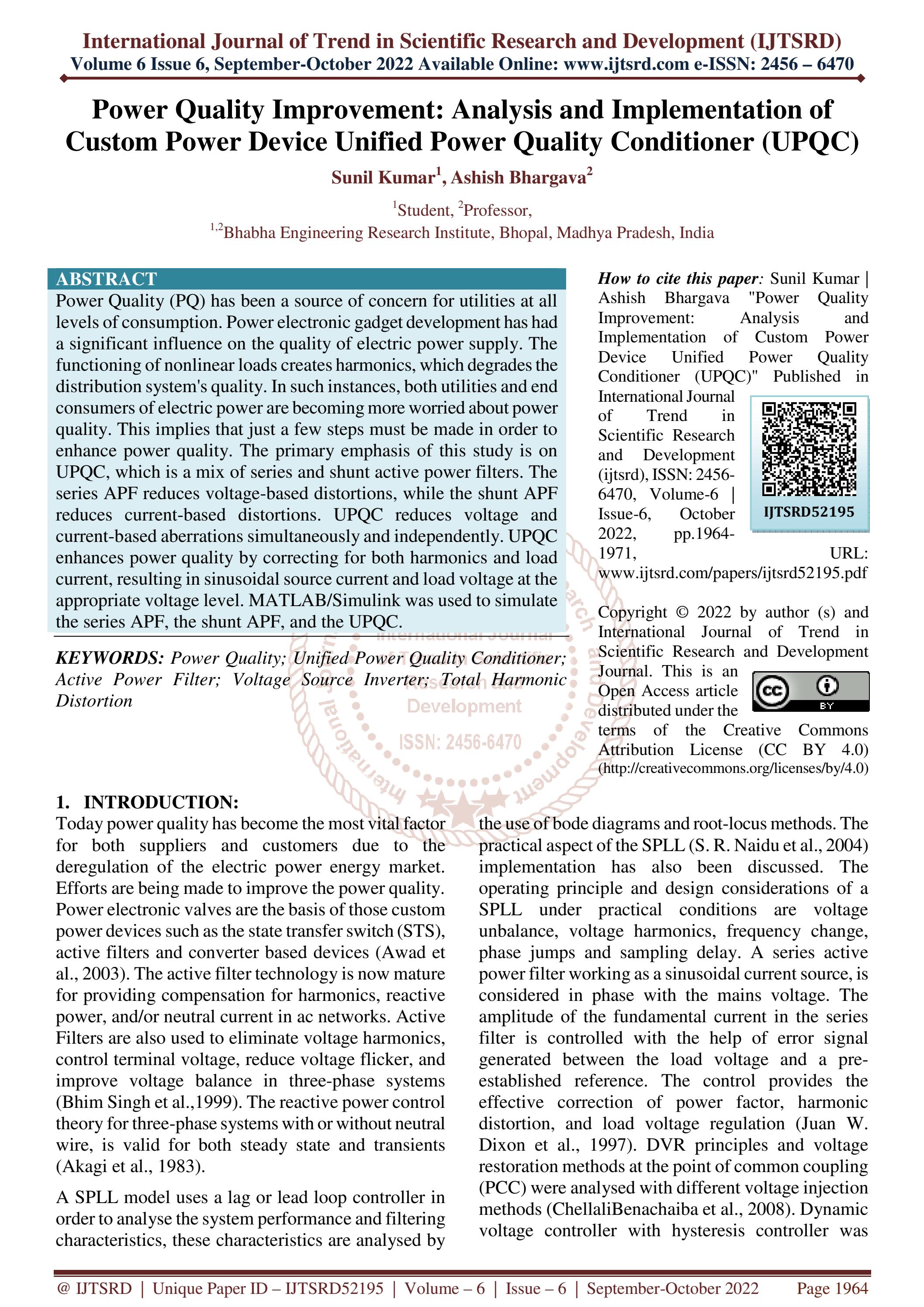 Power Quality Improvement Analysis and Implementation of Custom Power