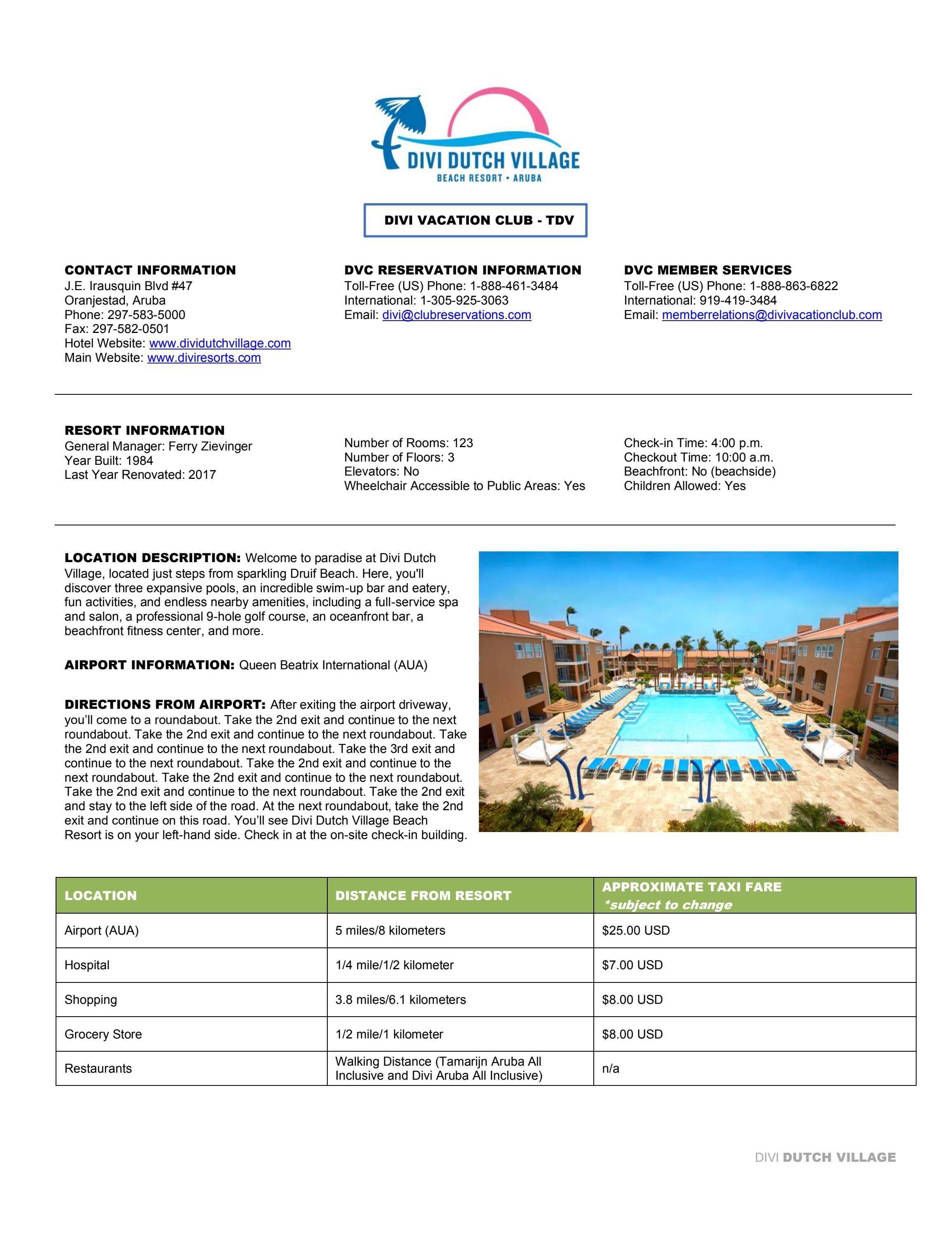 Divi Dutch Village Beach Resort, Aruba - DVC Fact Sheet by Divi Resorts ...