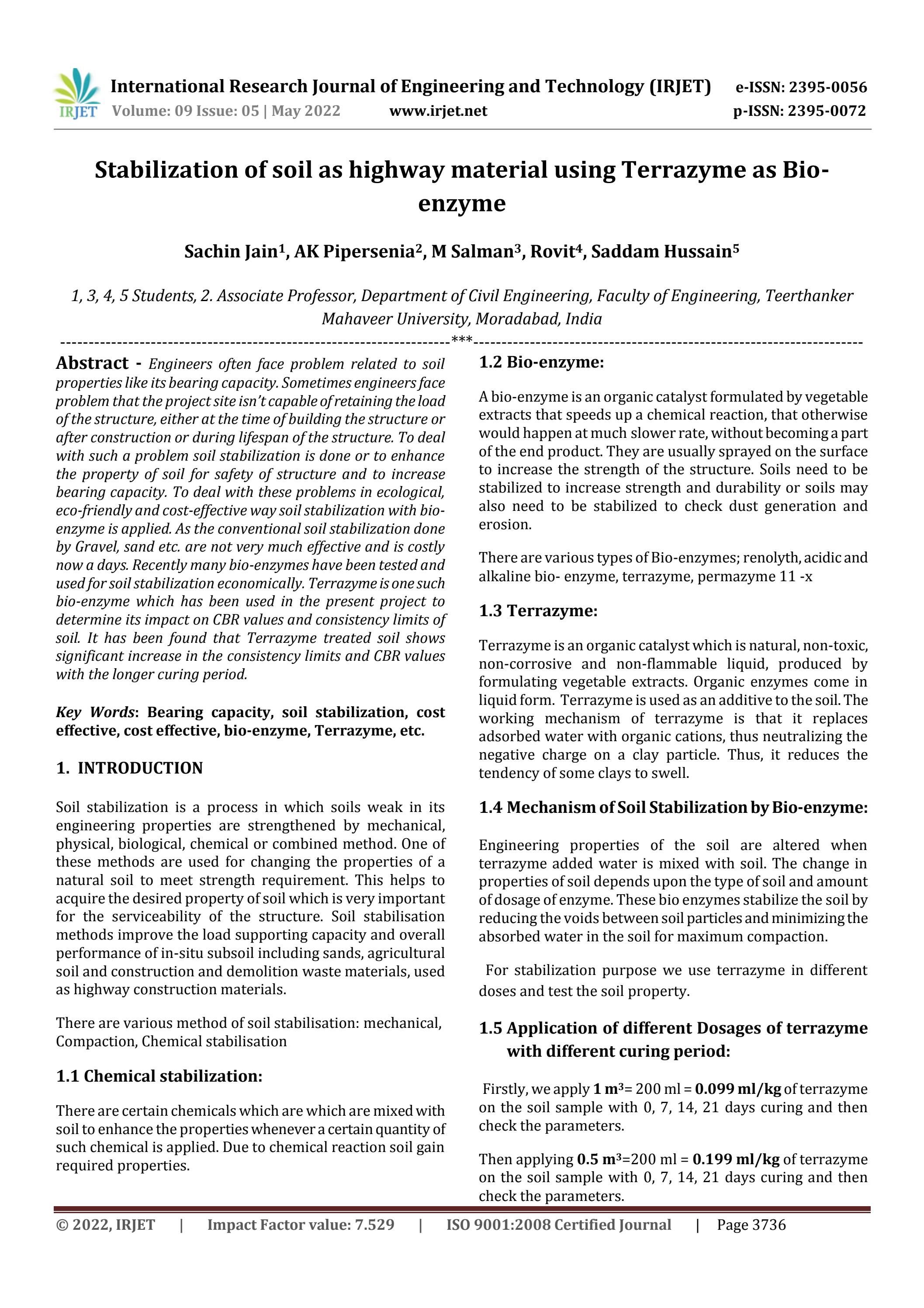 Stabilization of soil as highway material using Terrazyme as Bio