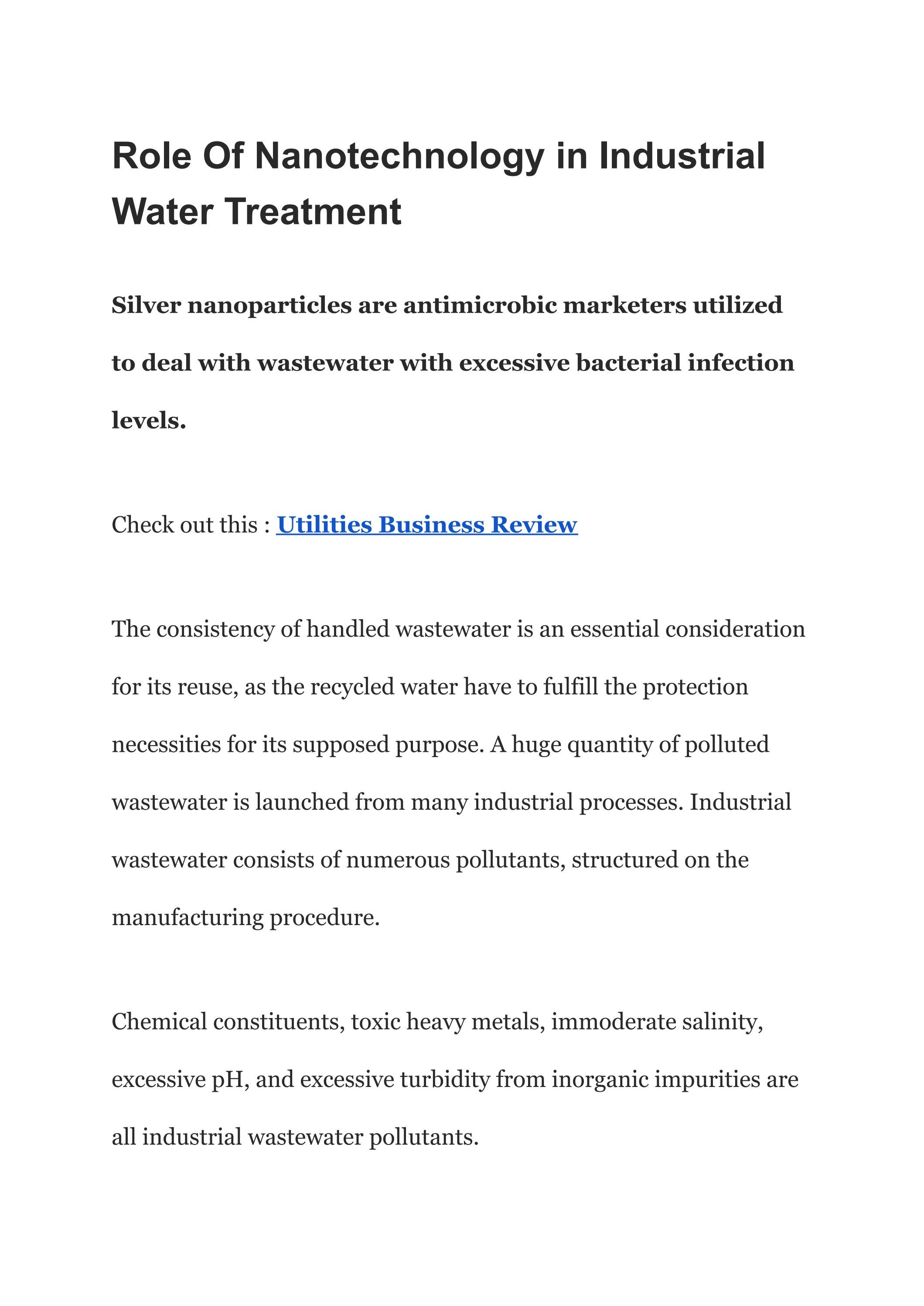 Role Of Nanotechnology in Industrial Water Treatment by catalyst Issuu
