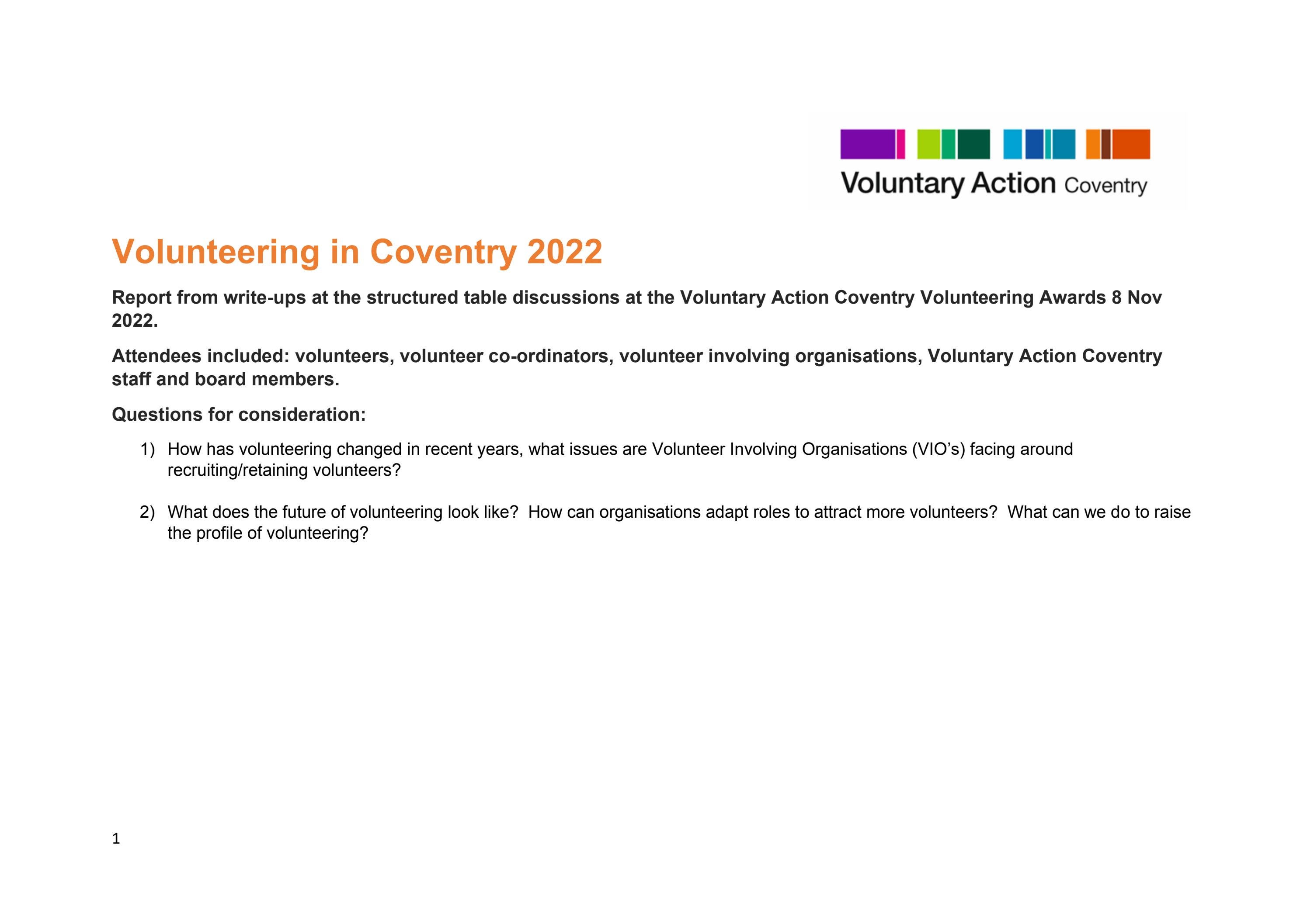 Volunteering in Coventry in 2022 report from table discussions by