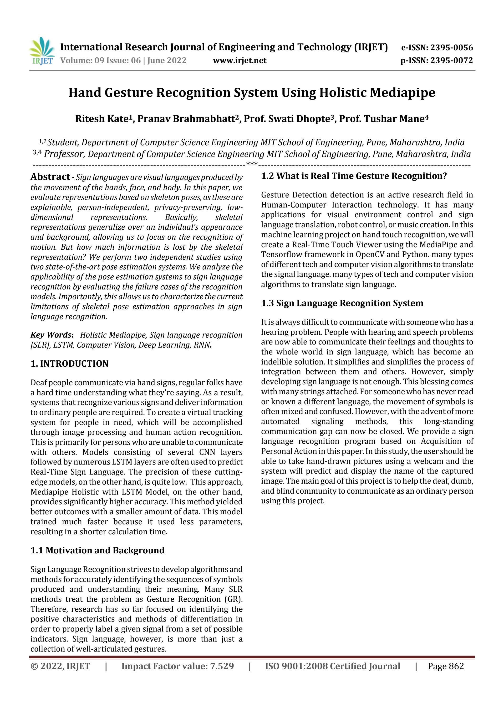 Hand Gesture Recognition System Using Holistic Mediapipe by IRJET ...