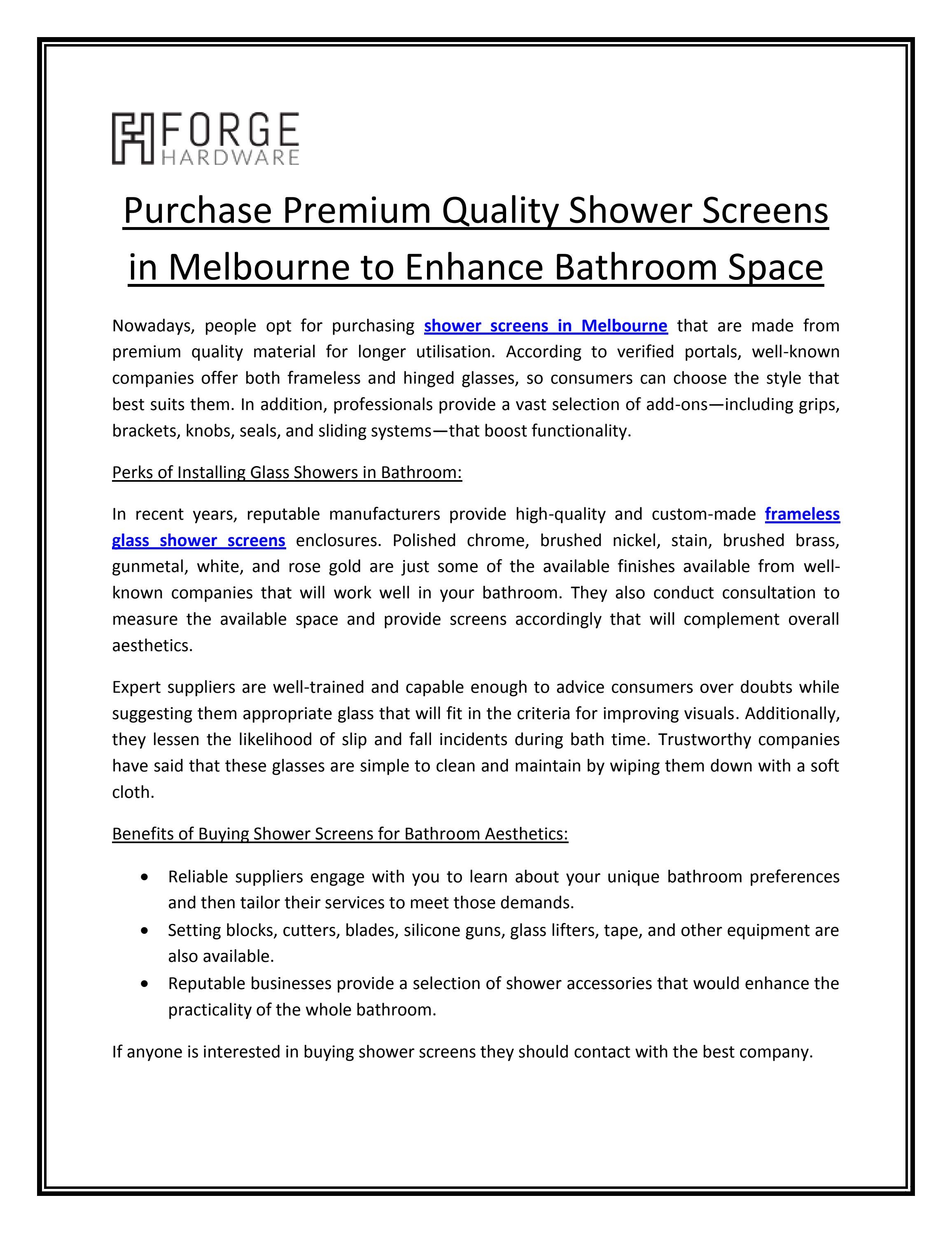Purchase Premium Quality Shower Screens in Melbourne to Enhance