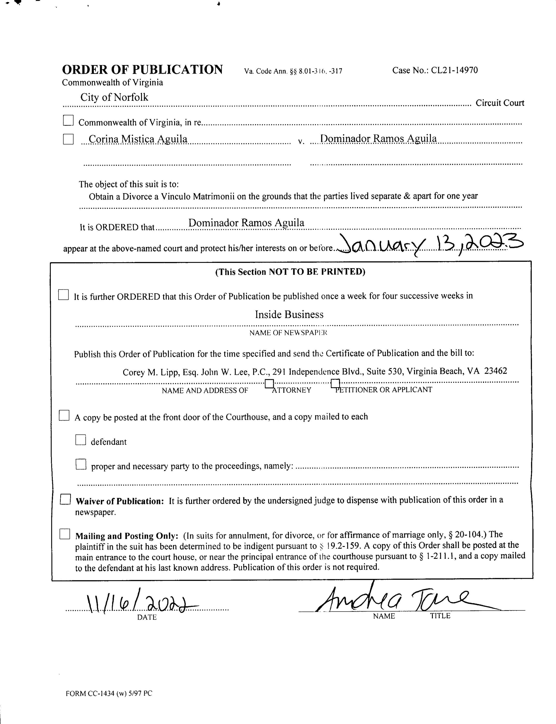 CL21 14970 ORDER OF PUBLICATION By Norfolk Circuit Court Clerk s Office 