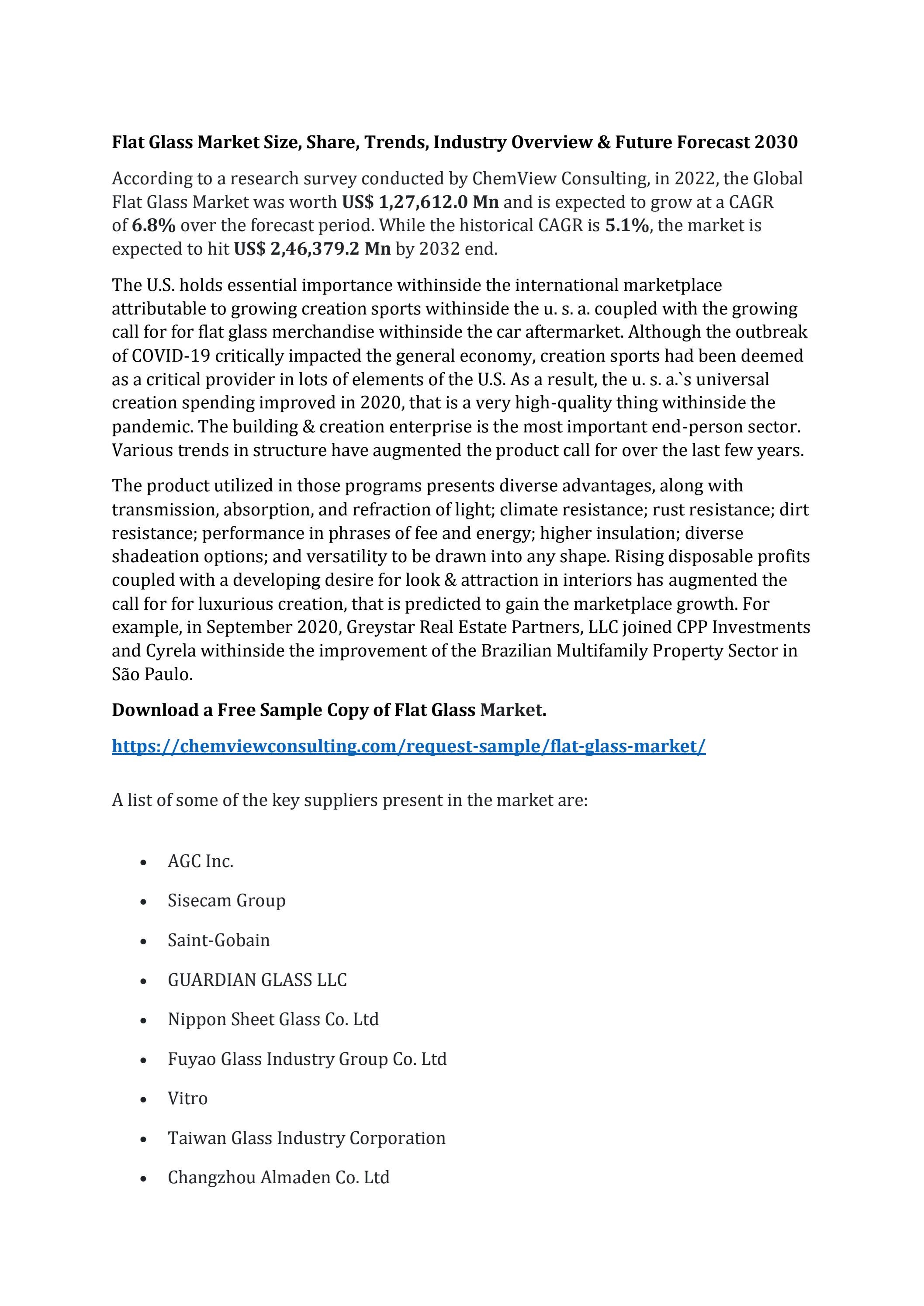 Flat Glass Market Size, Share, Trends, Industry Overview & Future Forecast 2030 by Shailesh