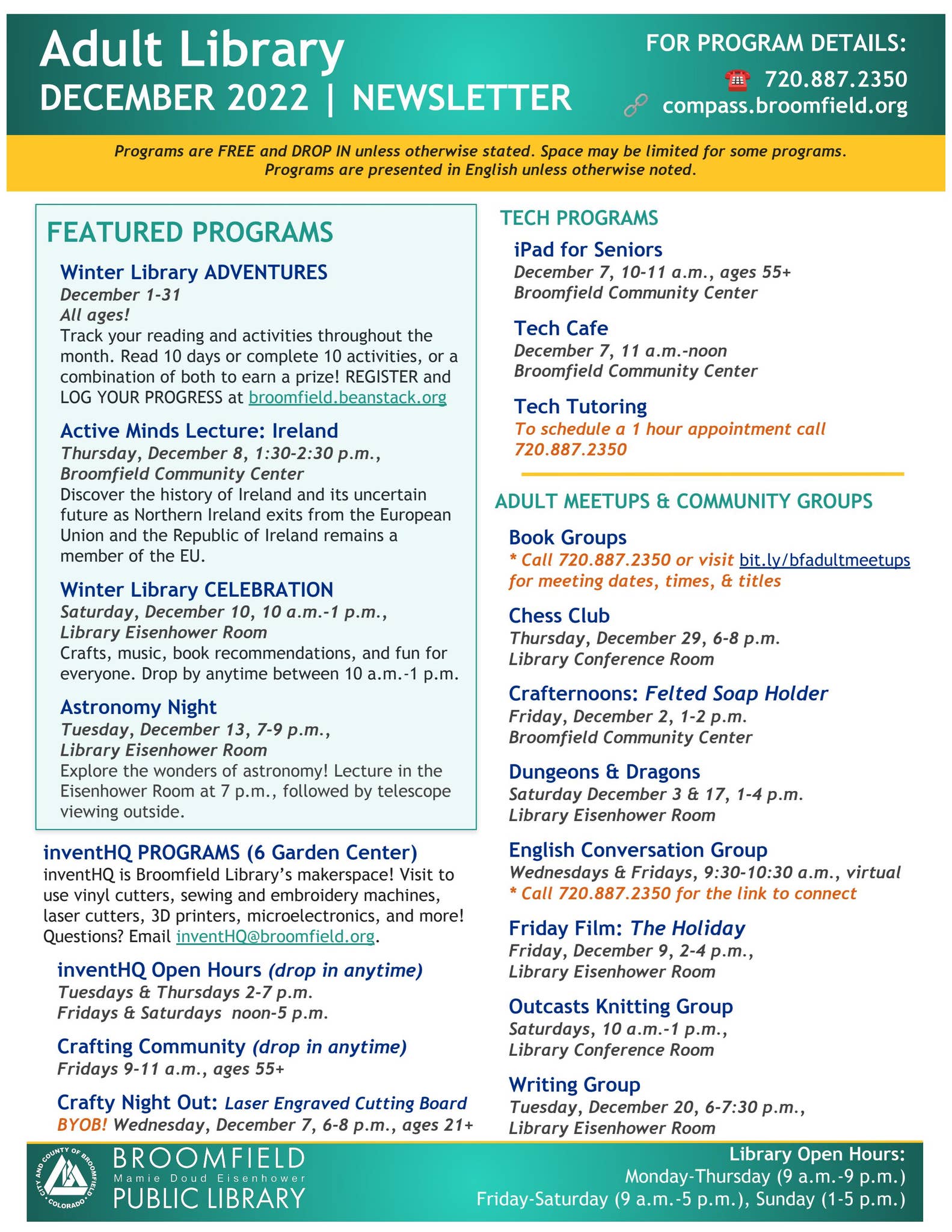 Broomfield Library Adult Newsletter December 2022 by City and County