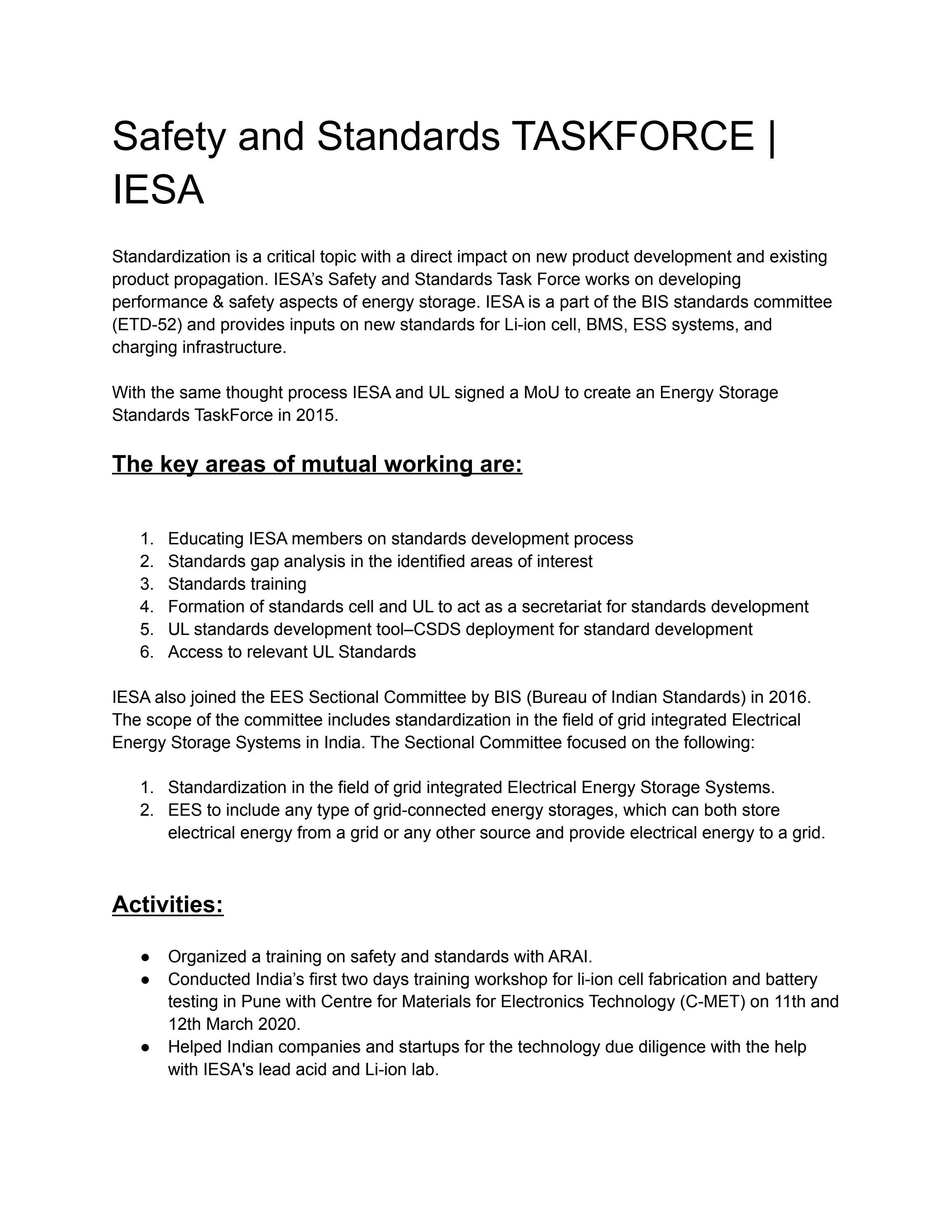 Safety and Standards TASKFORCE IESA by India Energy Storage Alliance