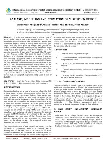 ANALYSIS, MODELLING AND ESTIMATION OF SUSPENSION BRIDGE by IRJET