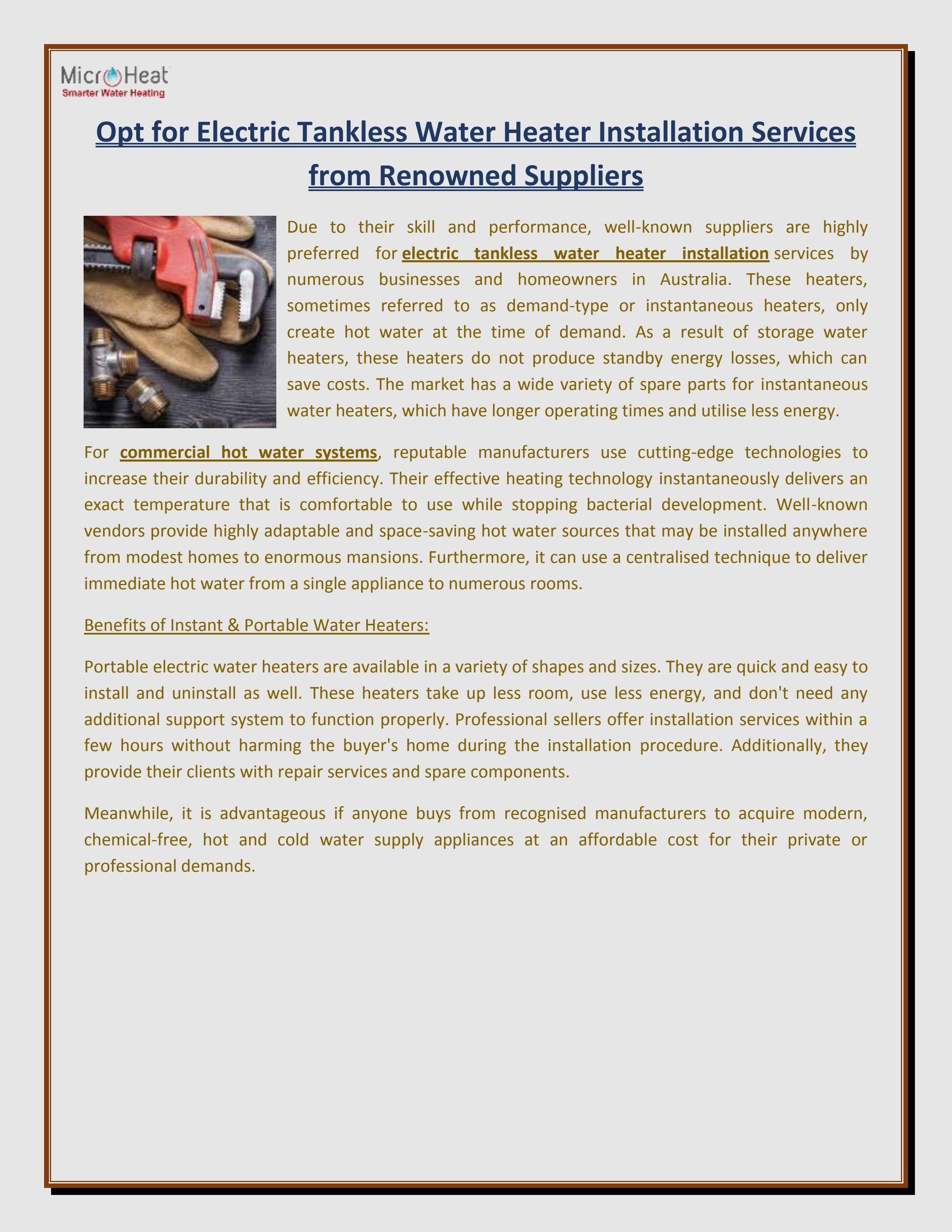 Opt for Electric Tankless Water Heater Installation Services from